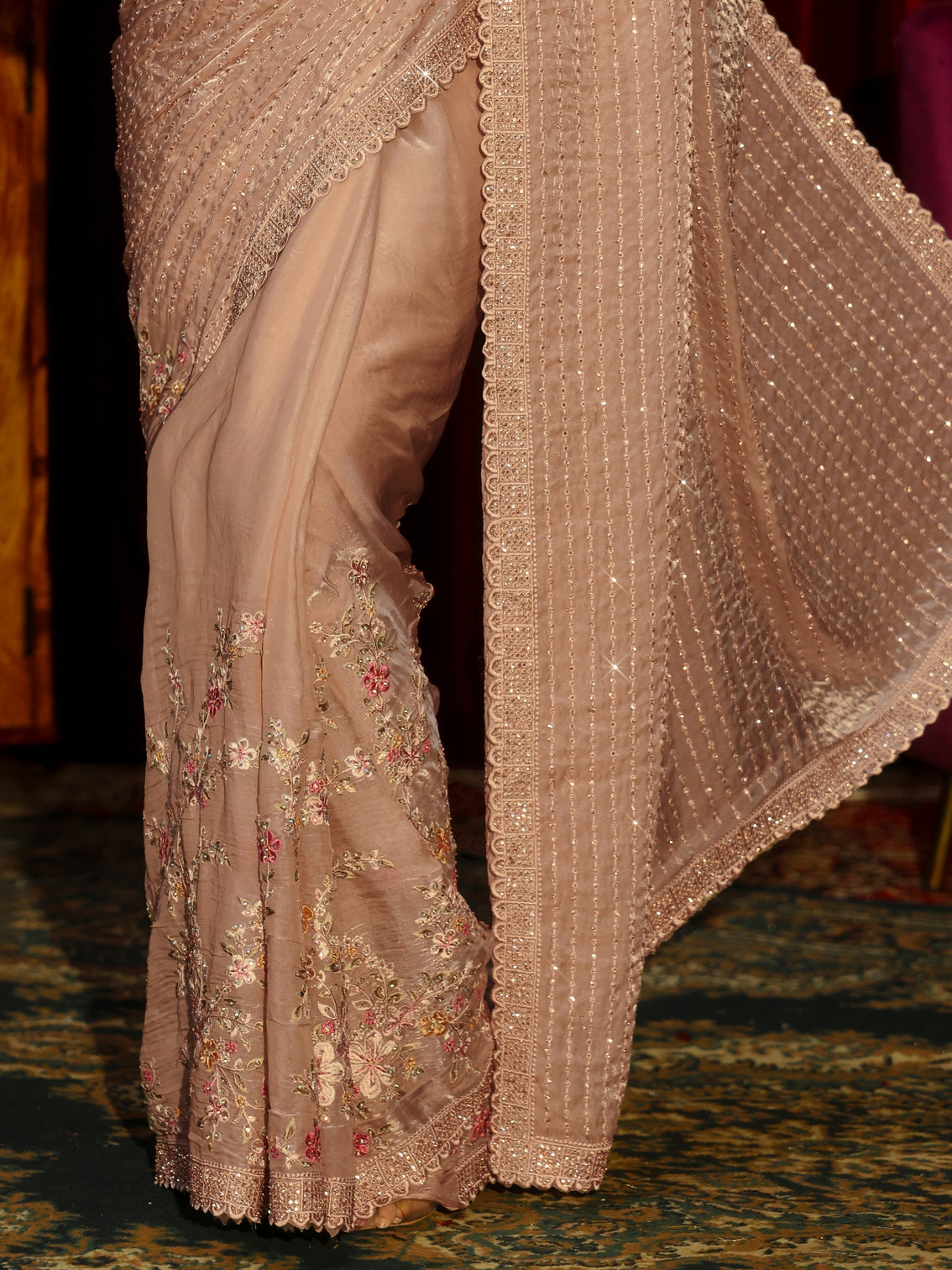 Mameraa Art Cream Striped Sequin Embellished Tissue Saree
