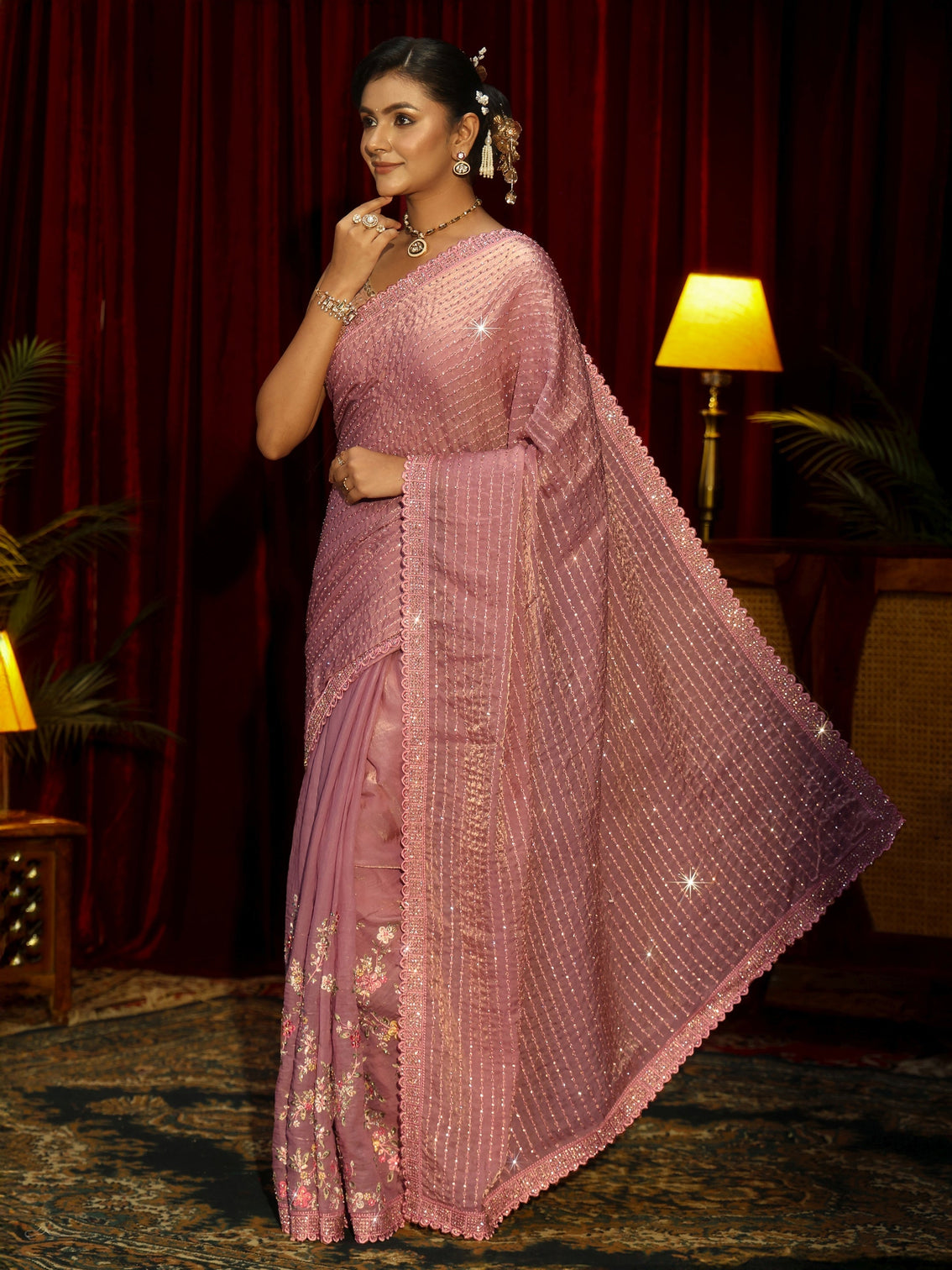 Mameraa Art Lavender Striped Sequin Embellished Tissue Saree