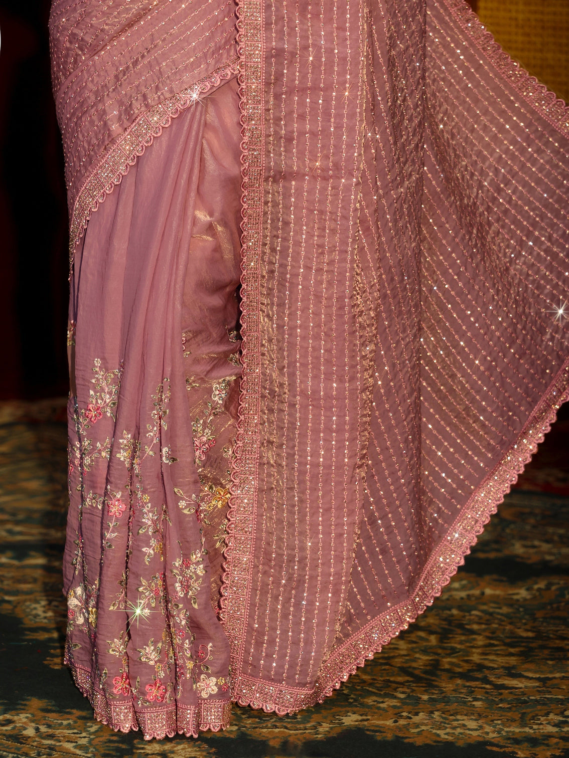 Mameraa Art Lavender Striped Sequin Embellished Tissue Saree