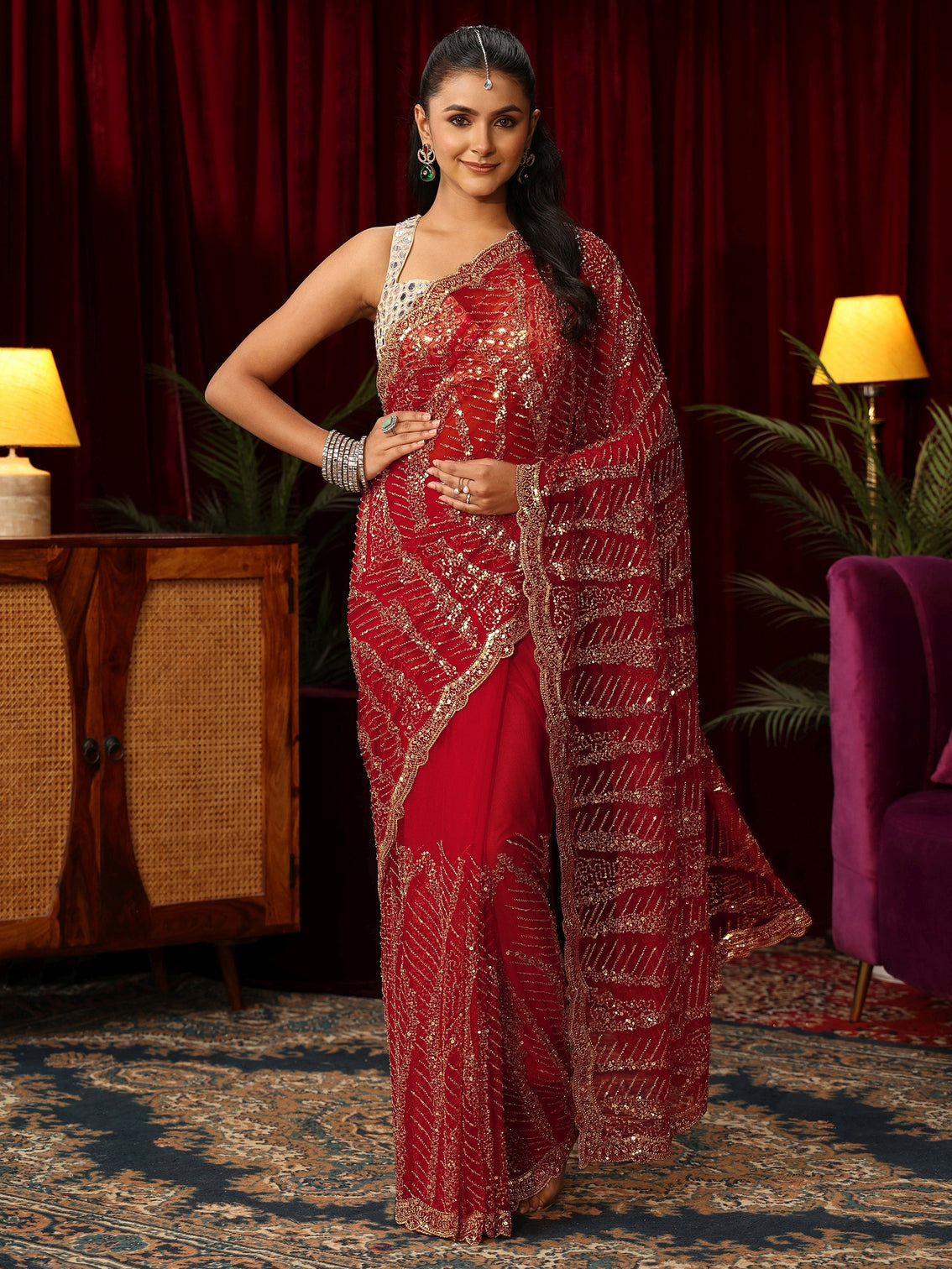 Mameraa Art Red Sequin Embellished Net Saree