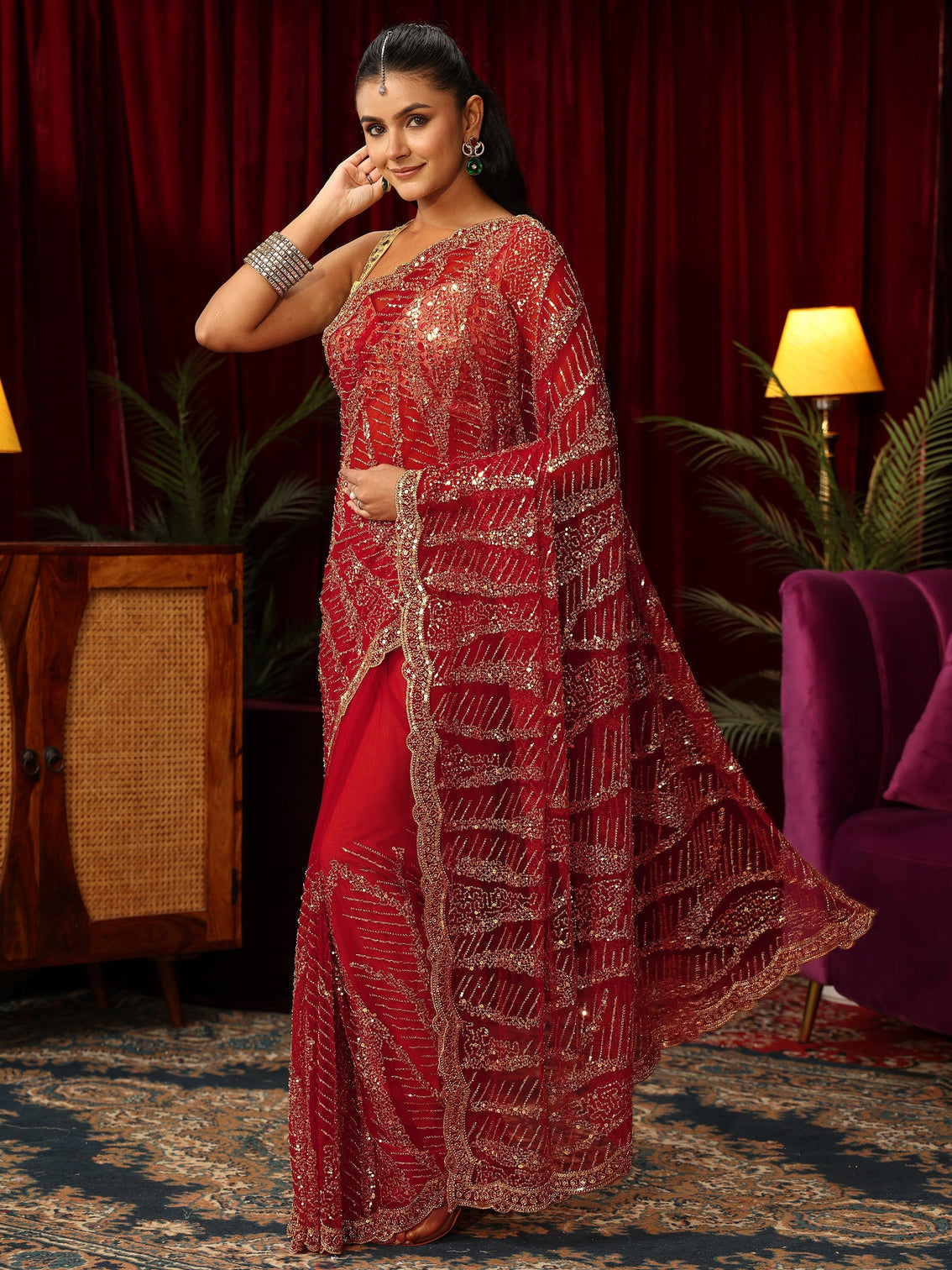 Mameraa Art Red Sequin Embellished Net Saree