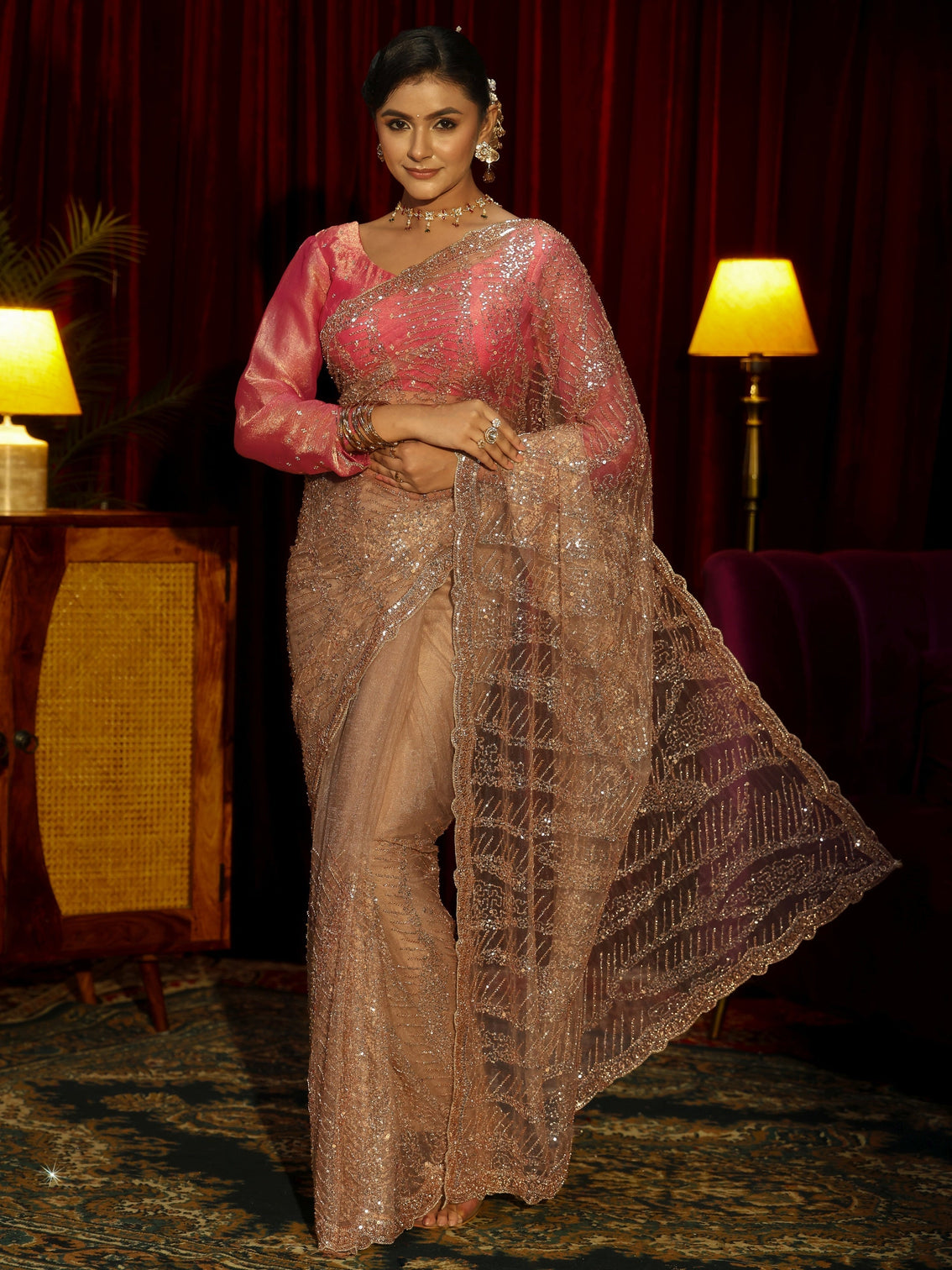 Mameraa Art Golden Sequin Embellished Net Saree