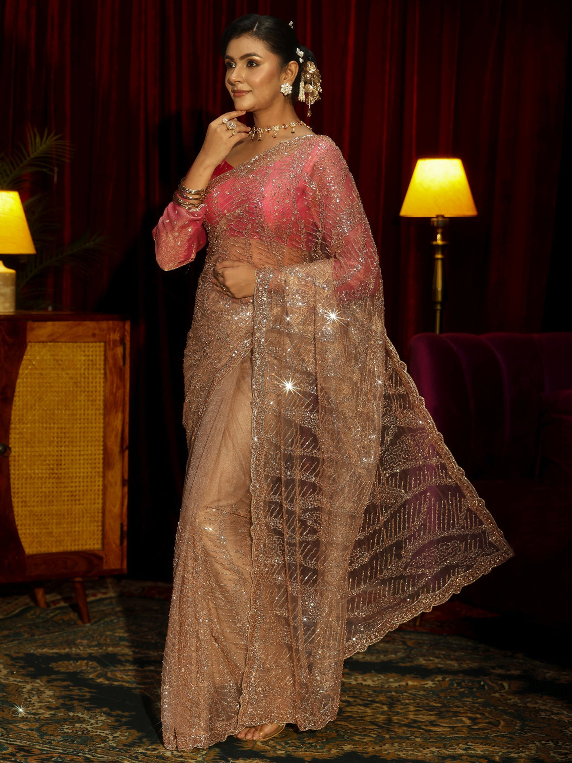 Mameraa Art Golden Sequin Embellished Net Saree