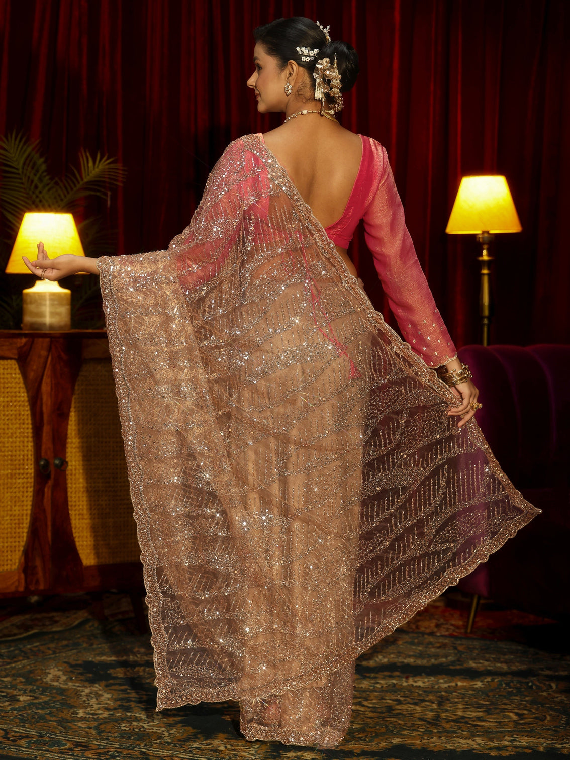 Mameraa Art Golden Sequin Embellished Net Saree