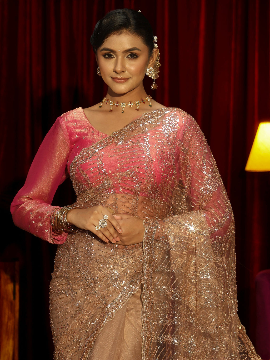 Mameraa Art Golden Sequin Embellished Net Saree