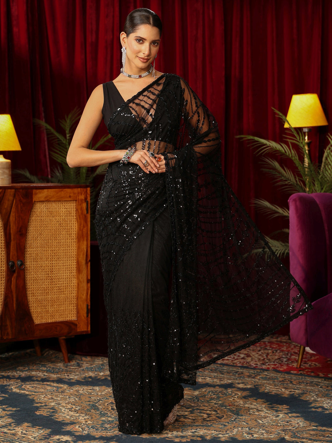 Mameraa Art Black Sequin Embellished Net Saree
