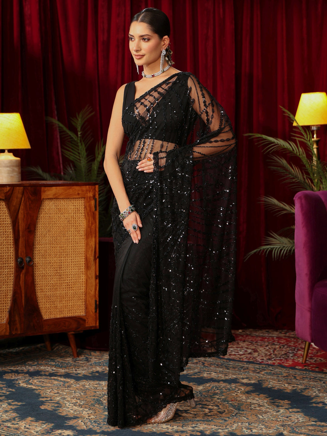 Mameraa Art Black Sequin Embellished Net Saree