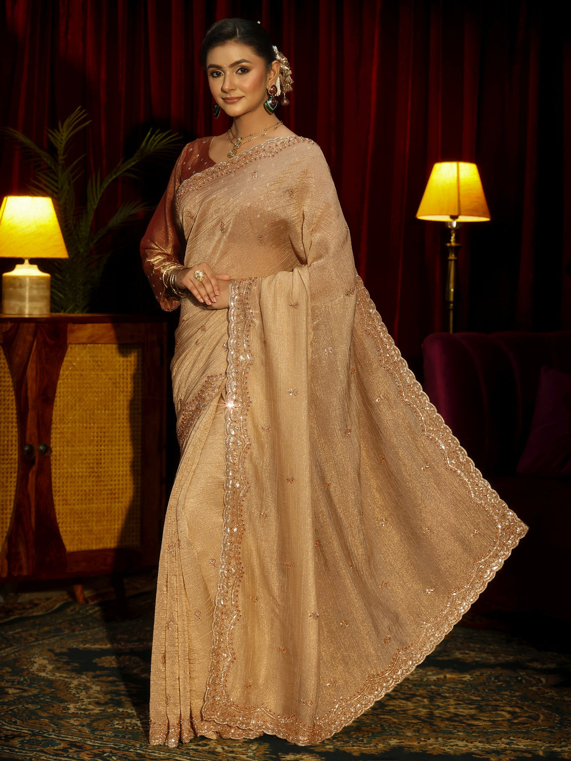 Mameraa Art Beige Tissue Saree with Embellished Border