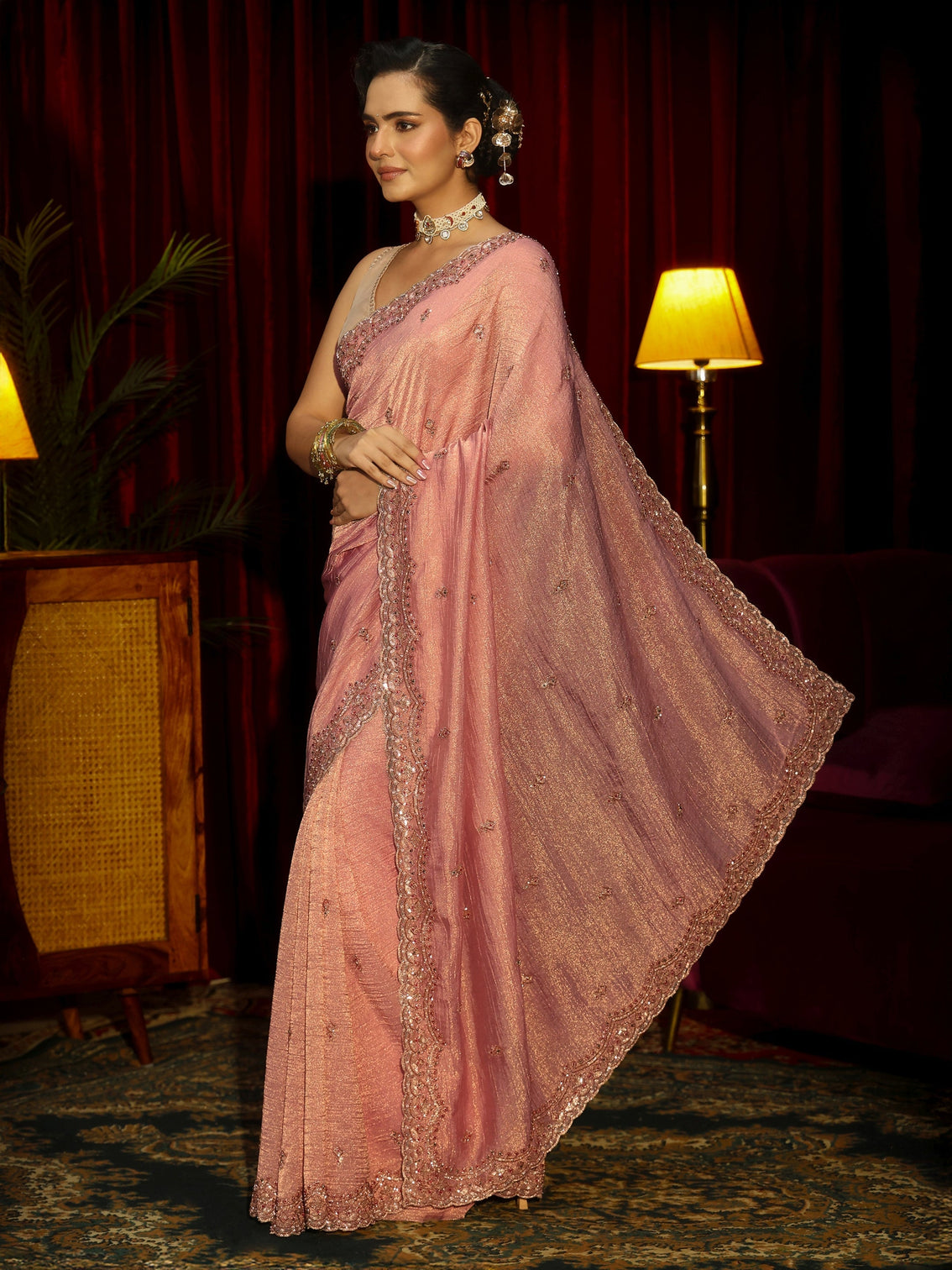 Mameraa Art Pink Tissue Saree with Embellished Border