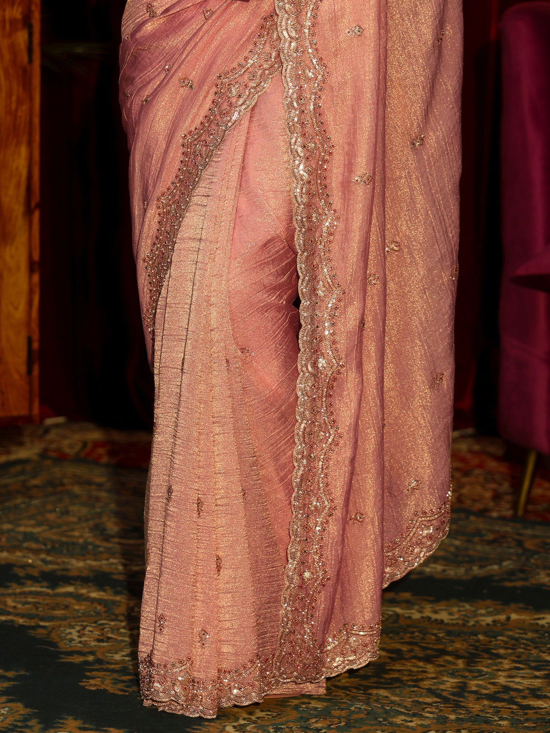 Mameraa Art Pink Tissue Saree with Embellished Border