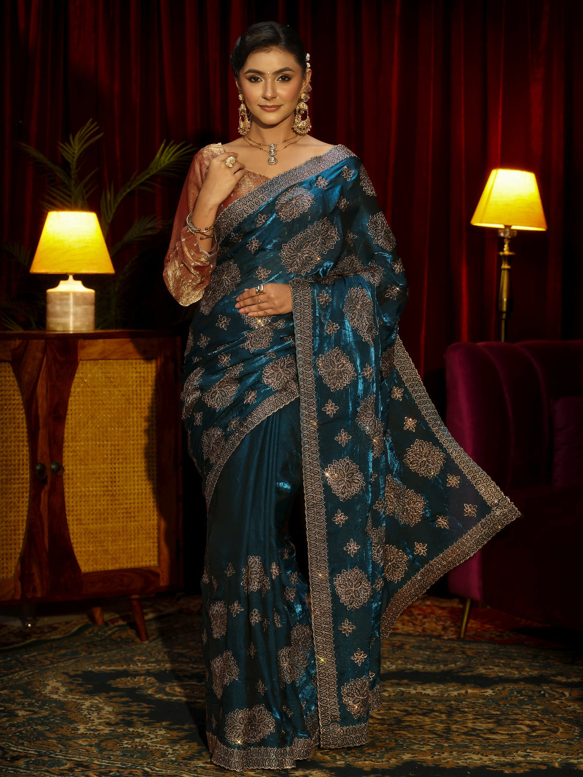 Mameraa Art Peacock Blue Stone Work Embellished Tissue Saree