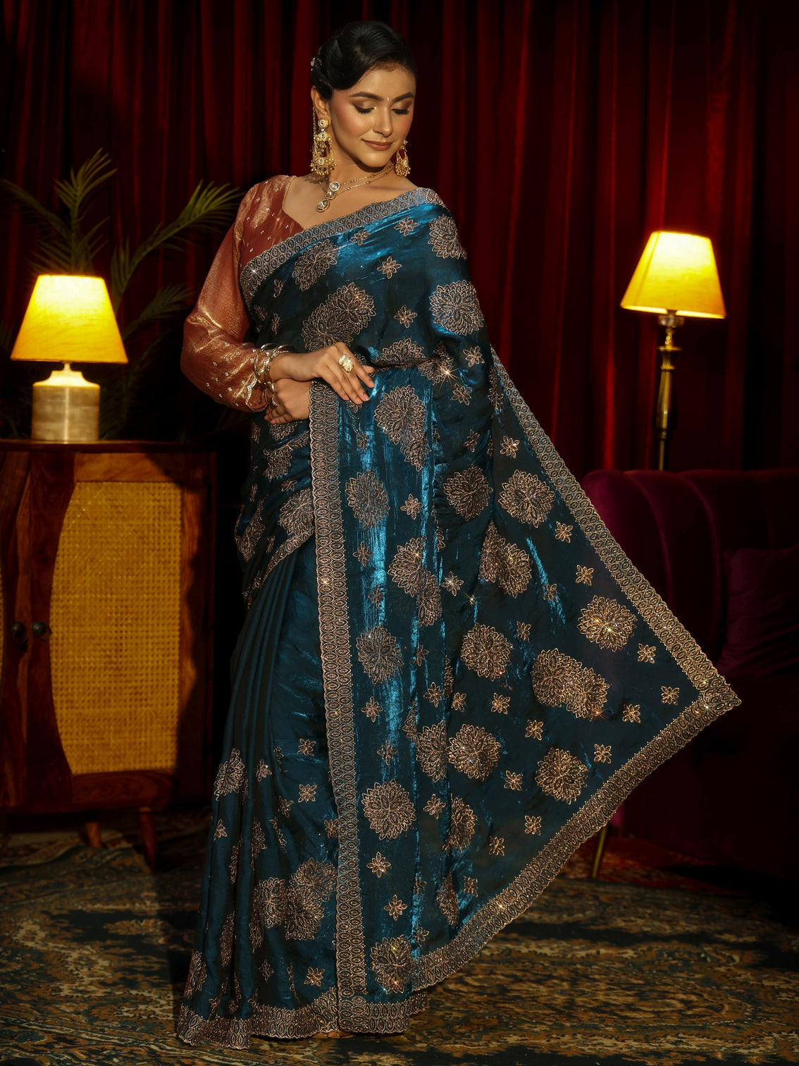 Mameraa Art Peacock Blue Stone Work Embellished Tissue Saree