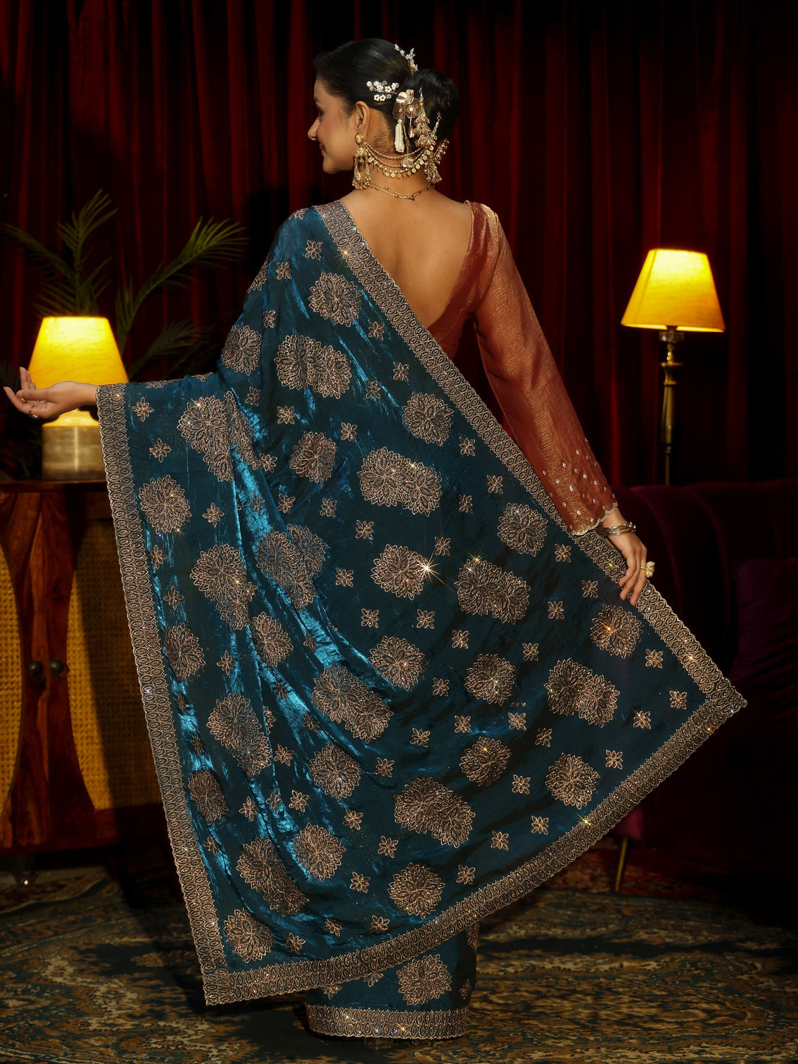 Mameraa Art Peacock Blue Stone Work Embellished Tissue Saree