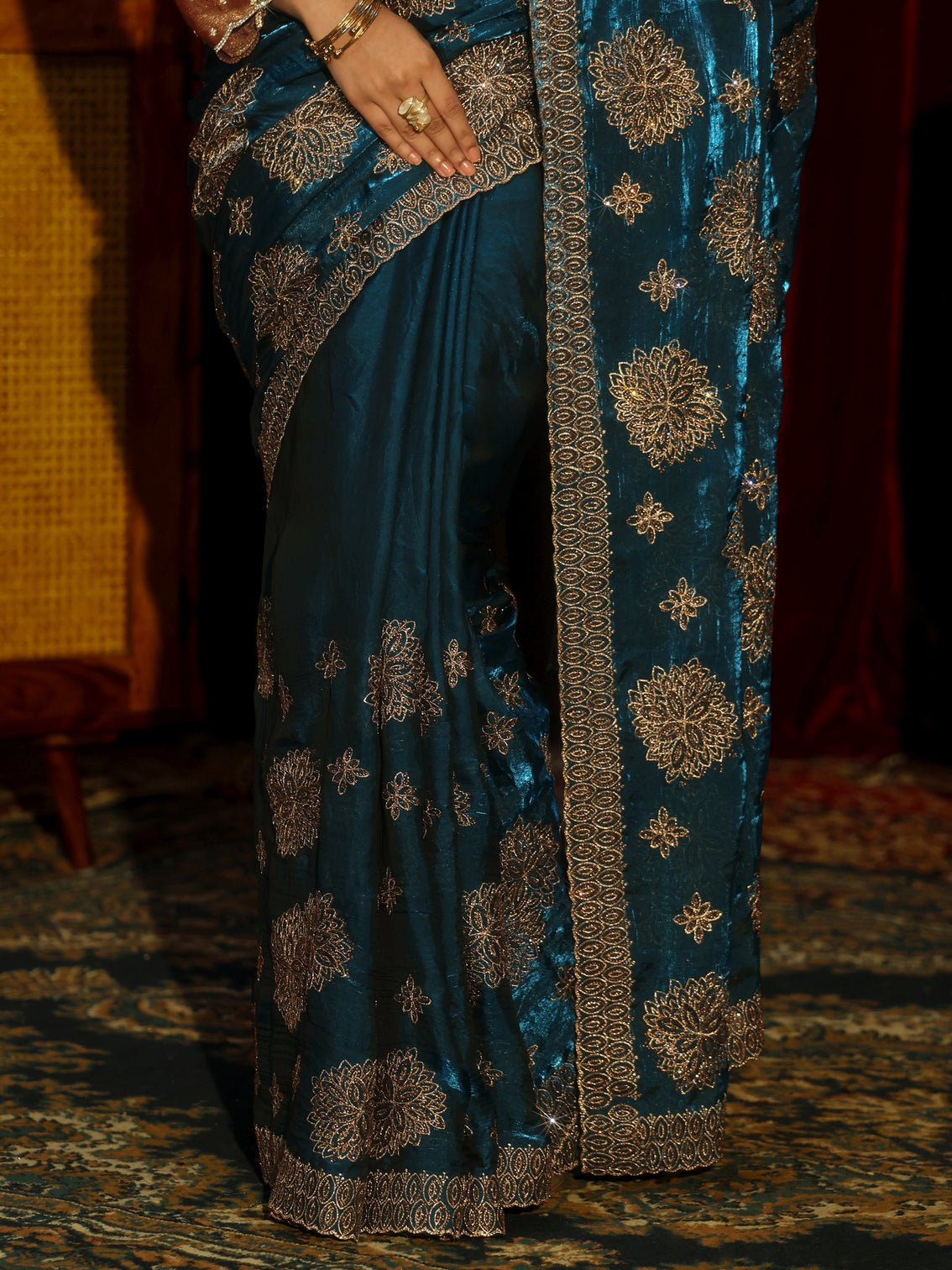 Mameraa Art Peacock Blue Stone Work Embellished Tissue Saree
