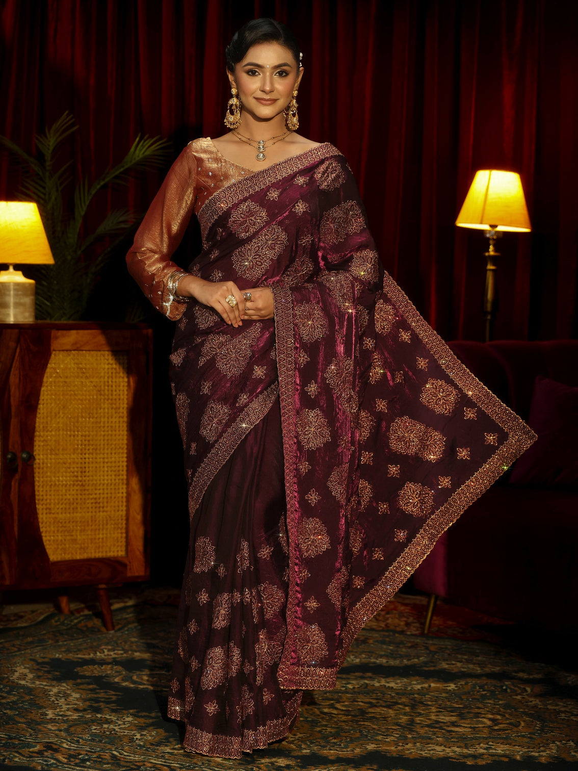 Mameraa Art Maroon Stone Work Embellished Tissue Saree