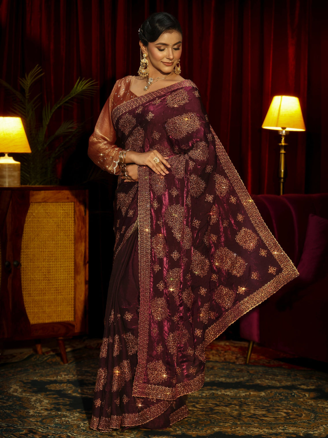 Mameraa Art Maroon Stone Work Embellished Tissue Saree