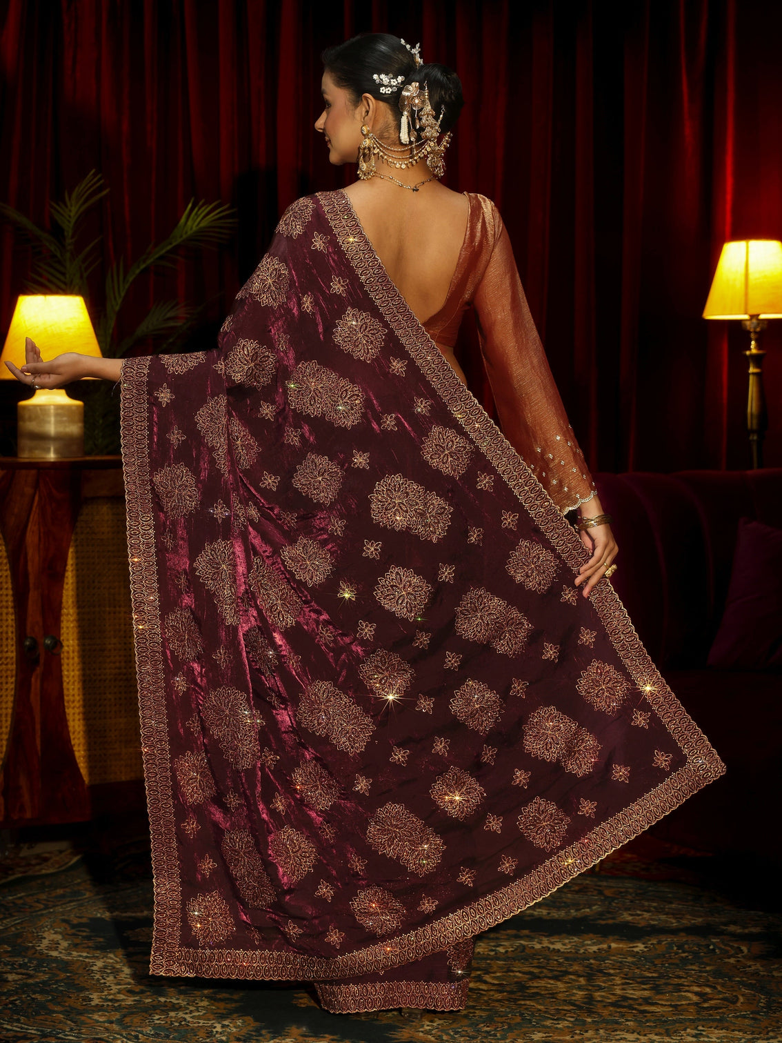 Mameraa Art Maroon Stone Work Embellished Tissue Saree