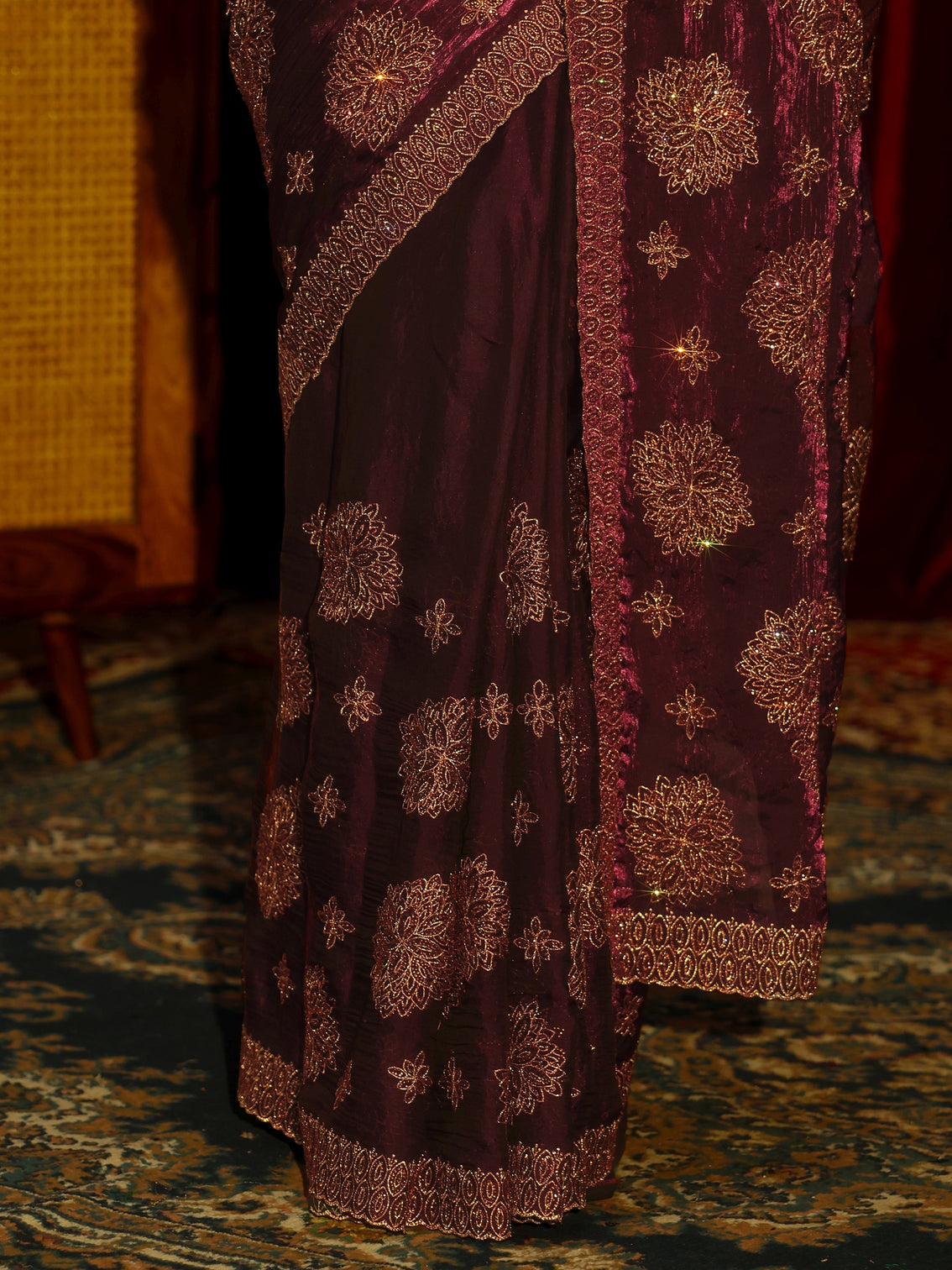 Mameraa Art Maroon Stone Work Embellished Tissue Saree
