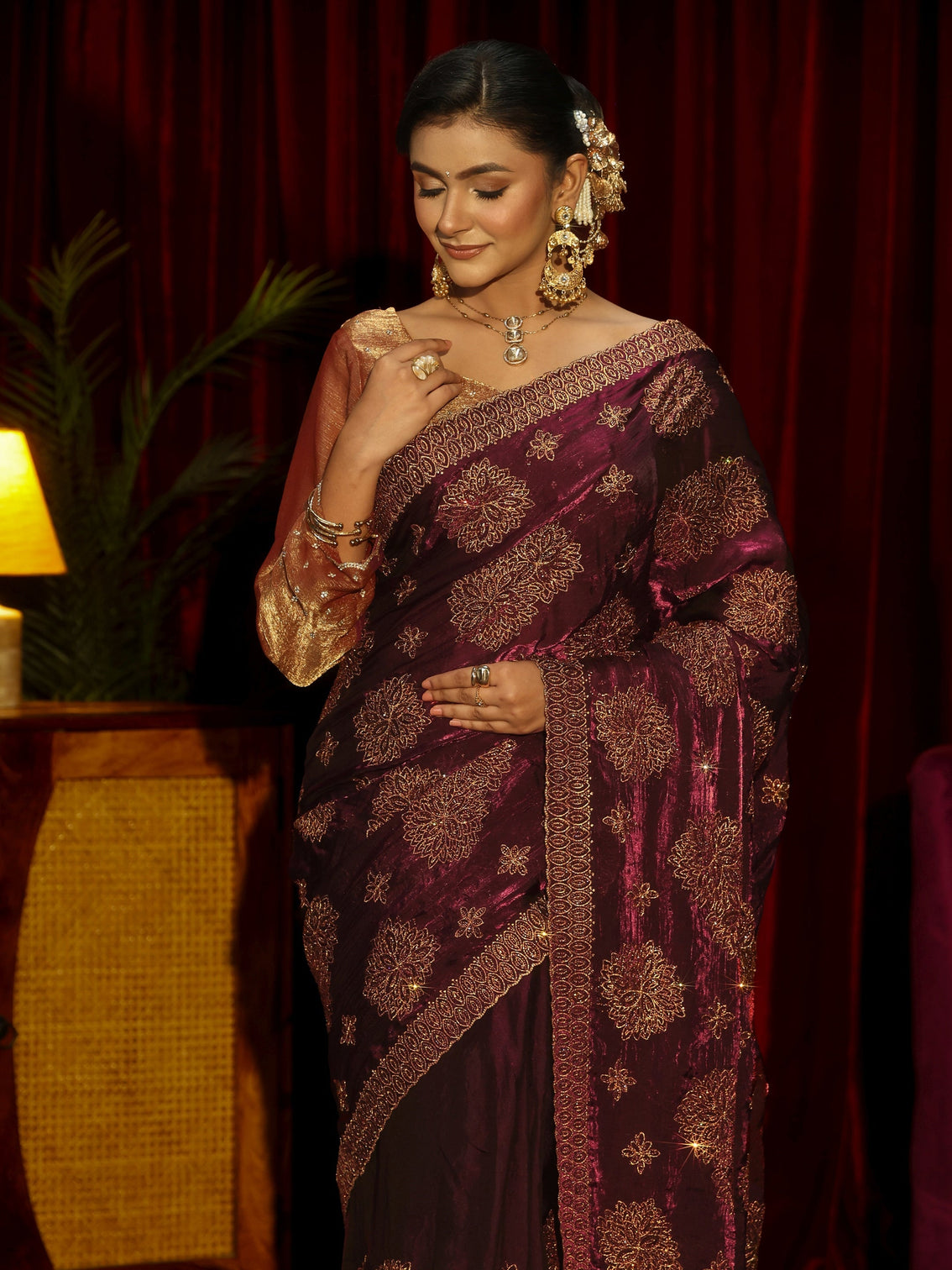 Mameraa Art Maroon Stone Work Embellished Tissue Saree