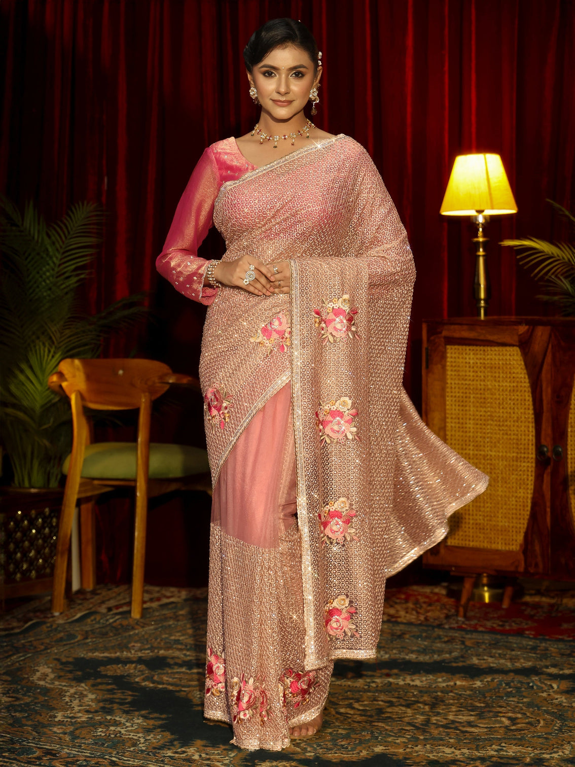 Mameraa Art Pink Floral Embellished Net Saree