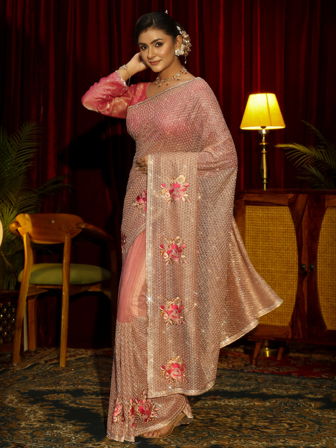 Mameraa Art Pink Floral Embellished Net Saree