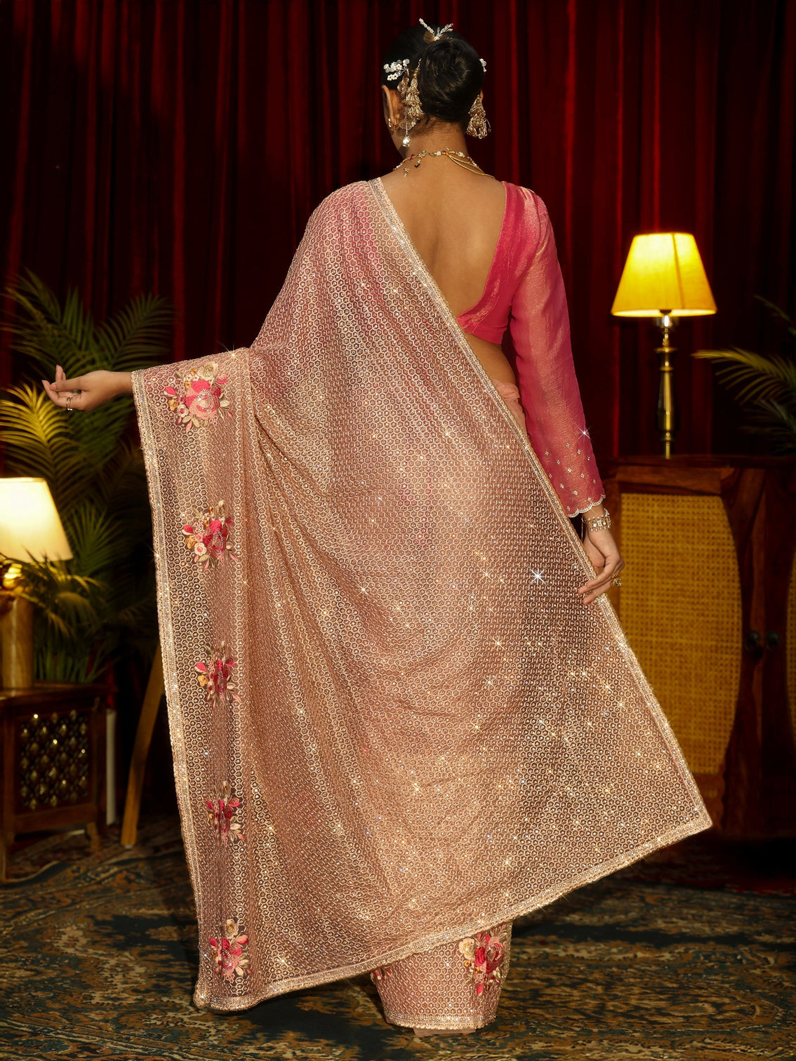 Mameraa Art Pink Floral Embellished Net Saree