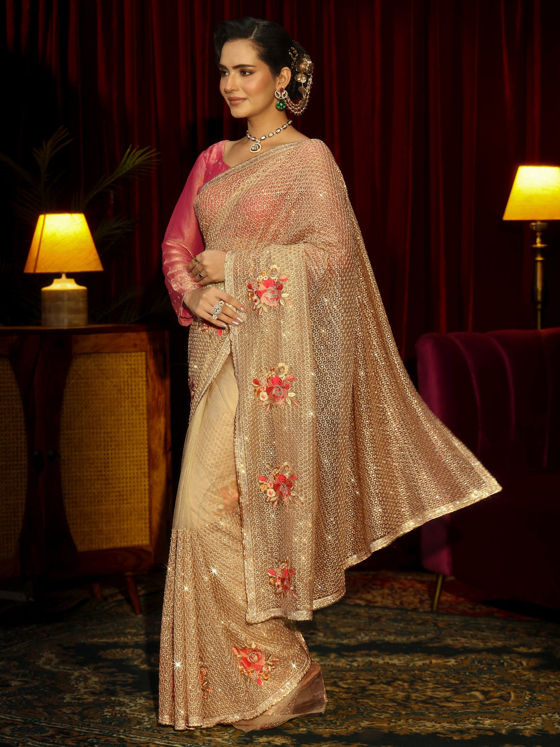 Mameraa Art Yellow Floral Embellished Net Saree