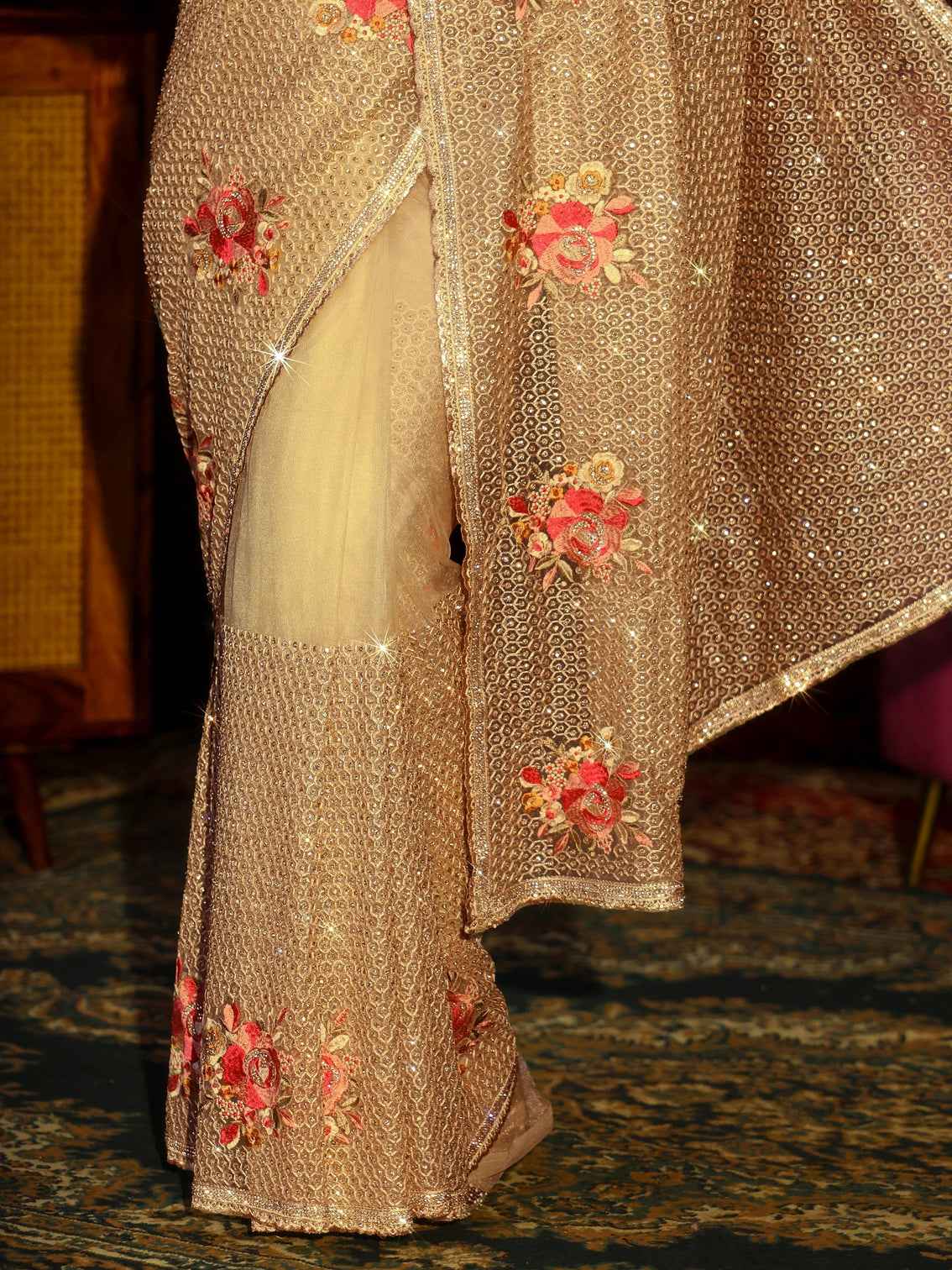 Mameraa Art Yellow Floral Embellished Net Saree