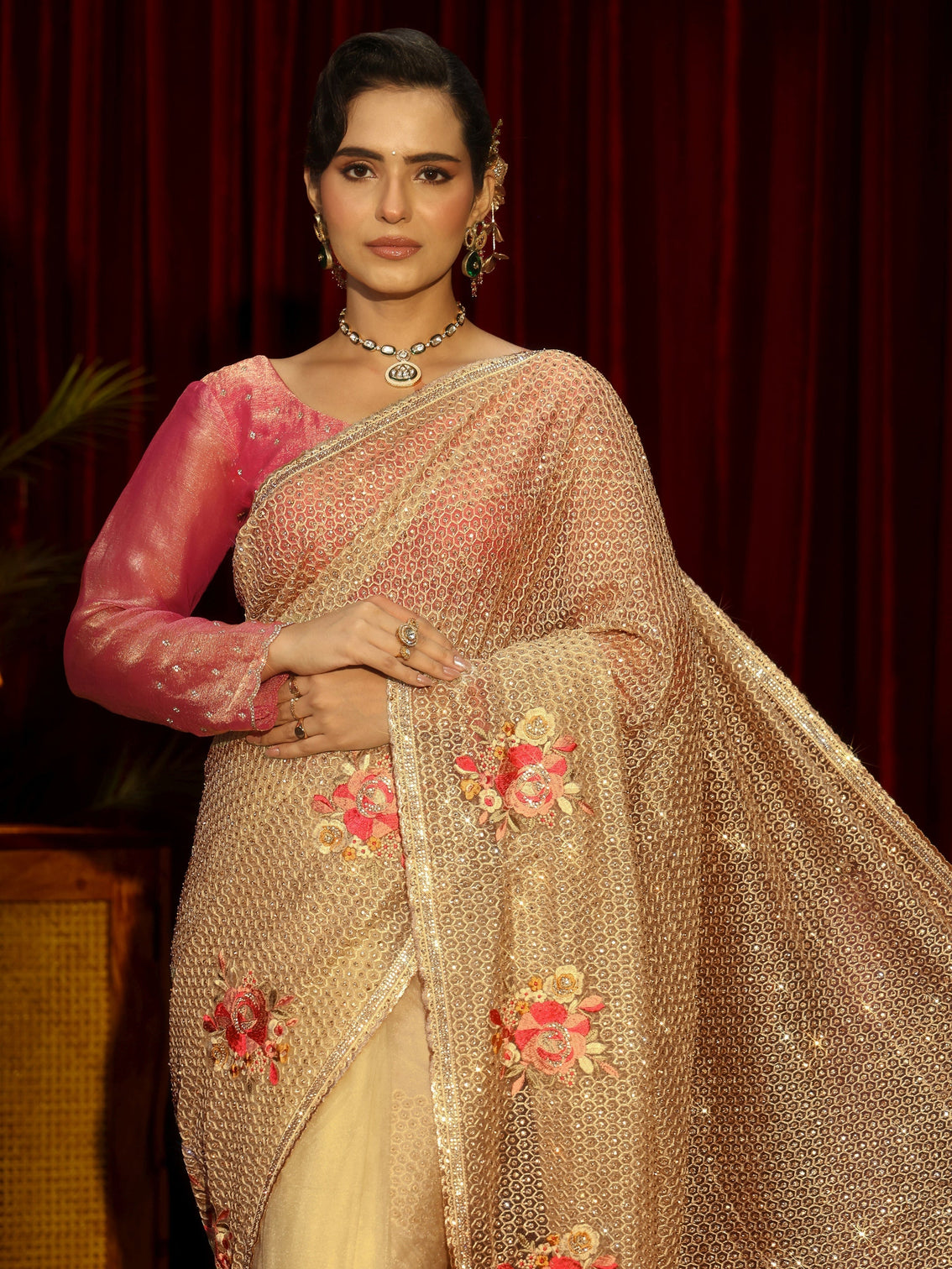 Mameraa Art Yellow Floral Embellished Net Saree