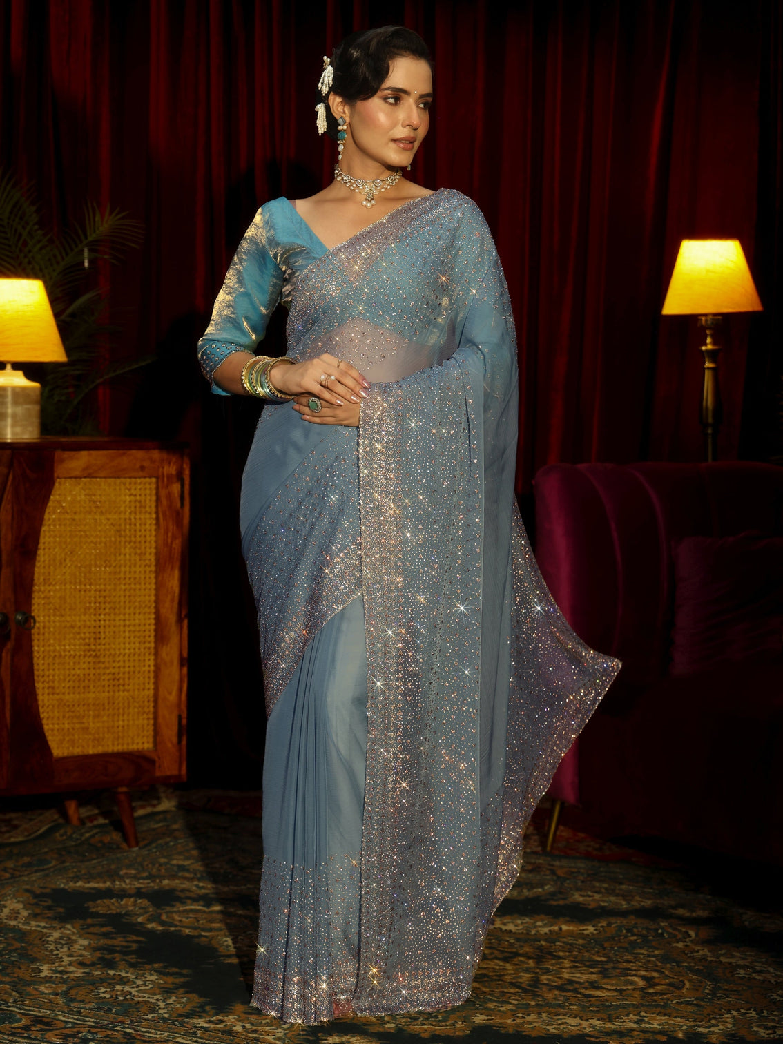 Mameraa Art Blue Embellished Tissue Saree