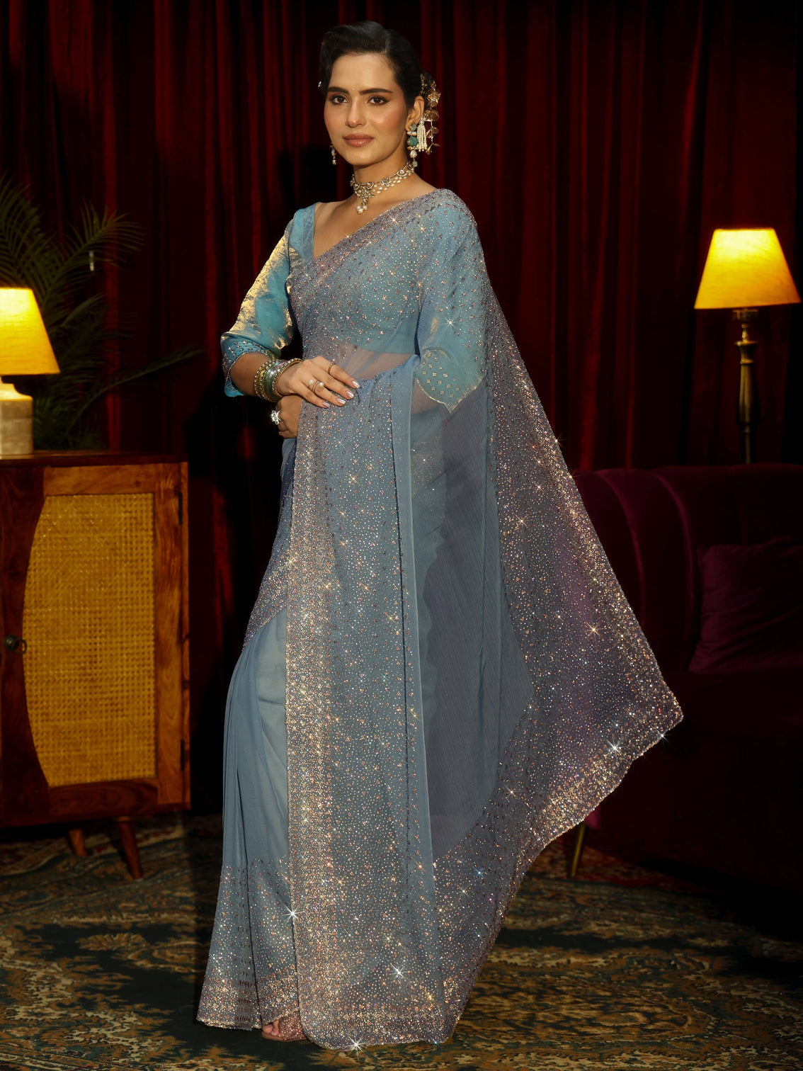 Mameraa Art Blue Embellished Tissue Saree
