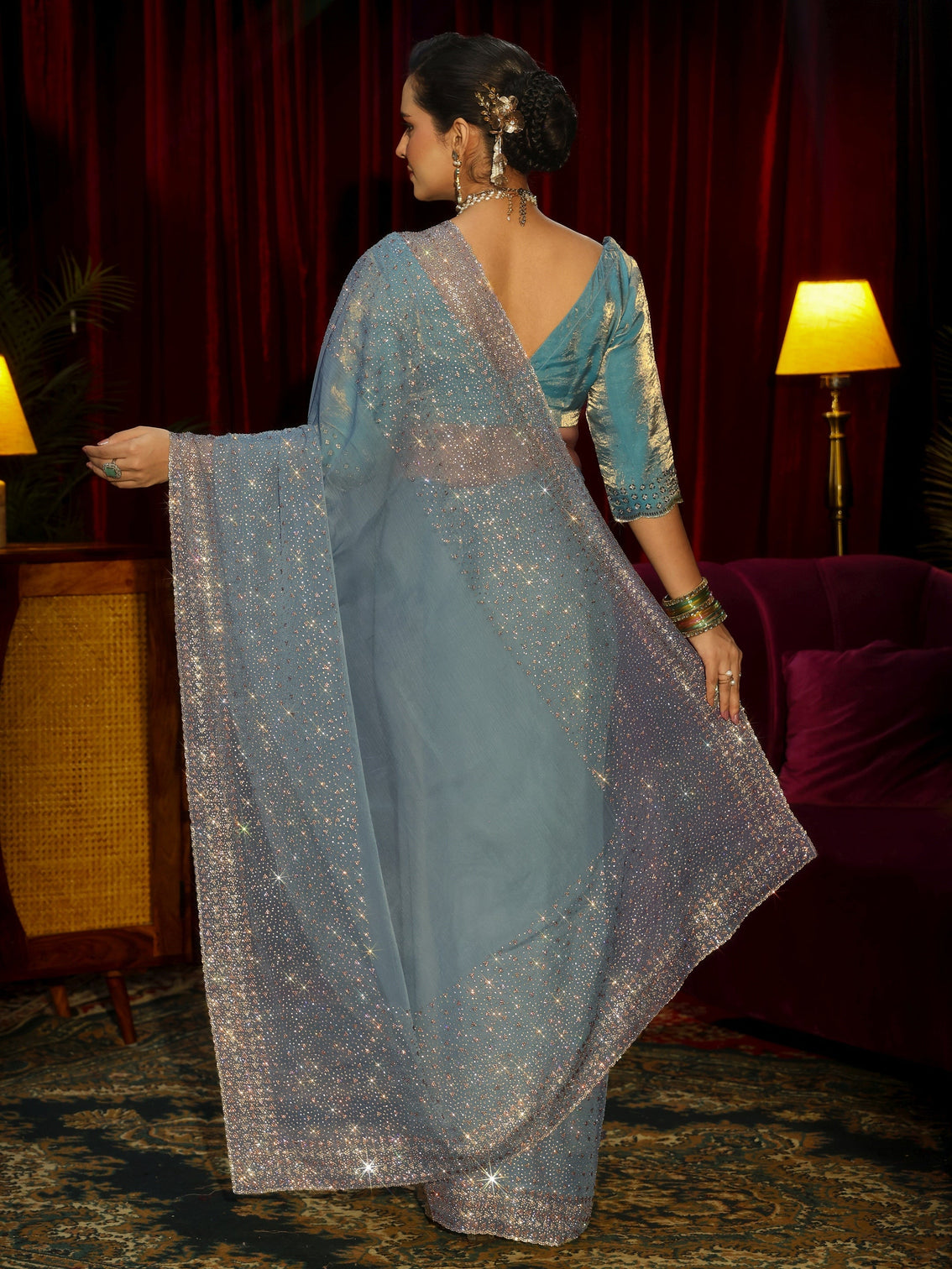 Mameraa Art Blue Embellished Tissue Saree