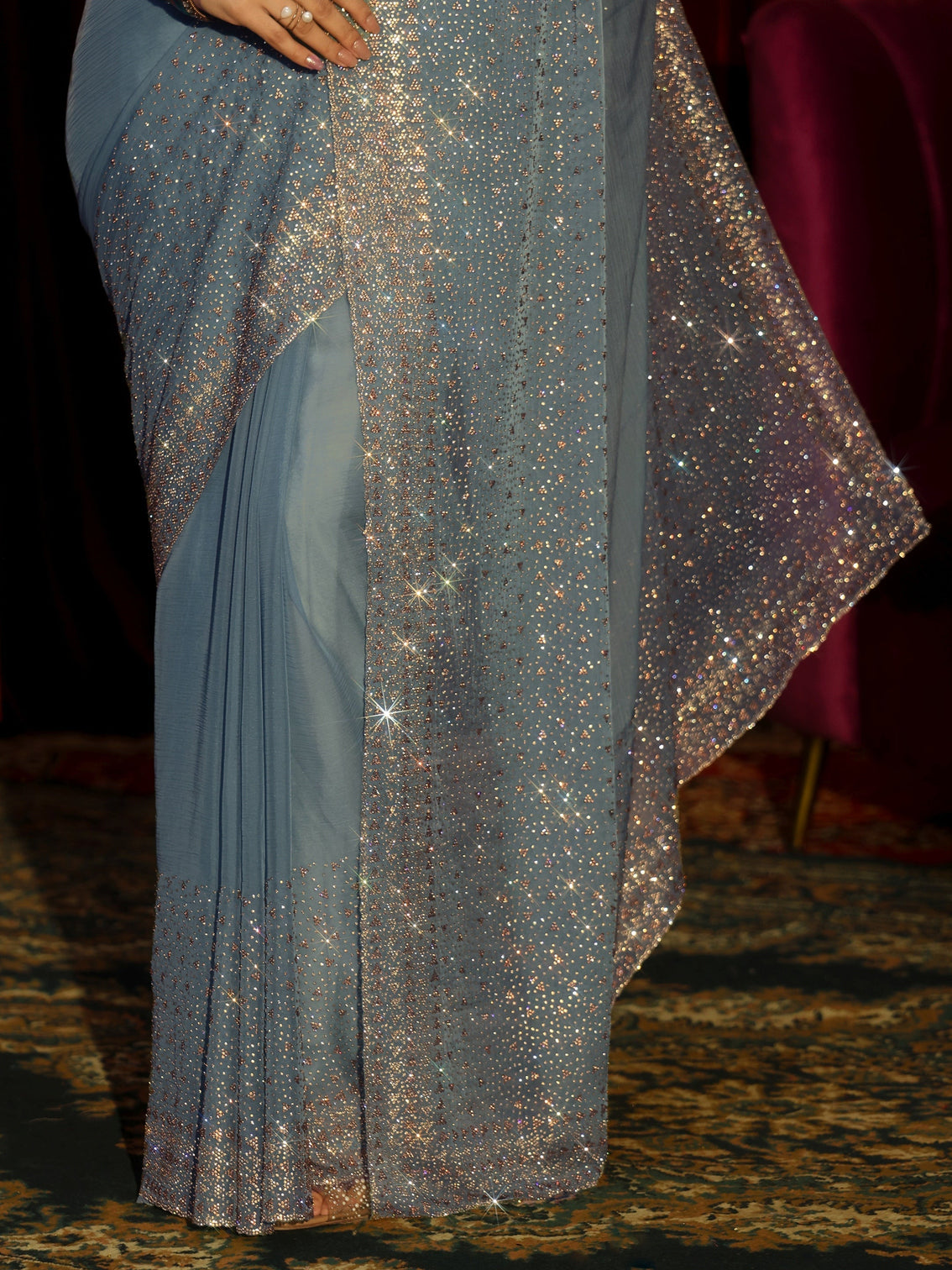 Mameraa Art Blue Embellished Tissue Saree