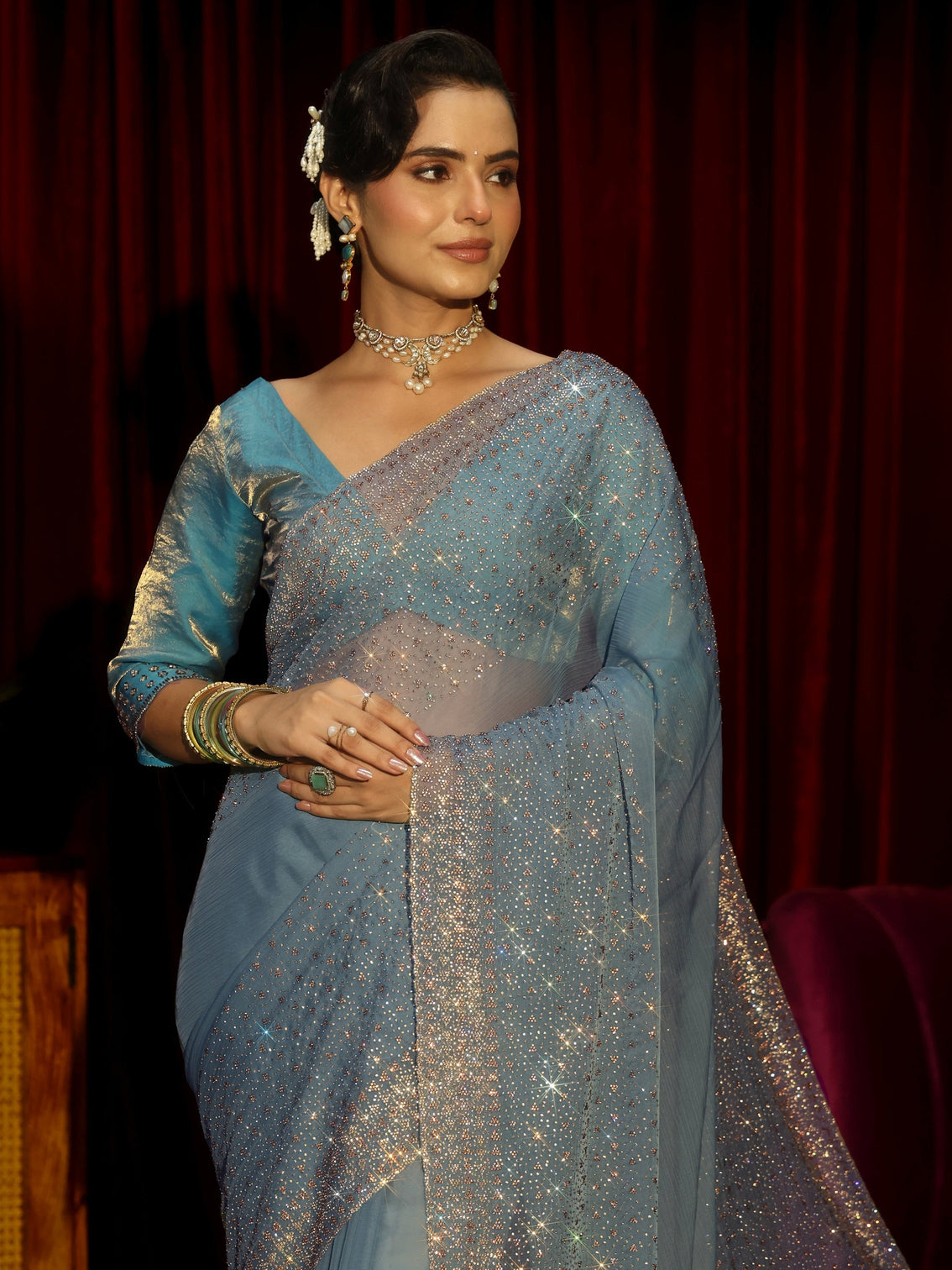 Mameraa Art Blue Embellished Tissue Saree