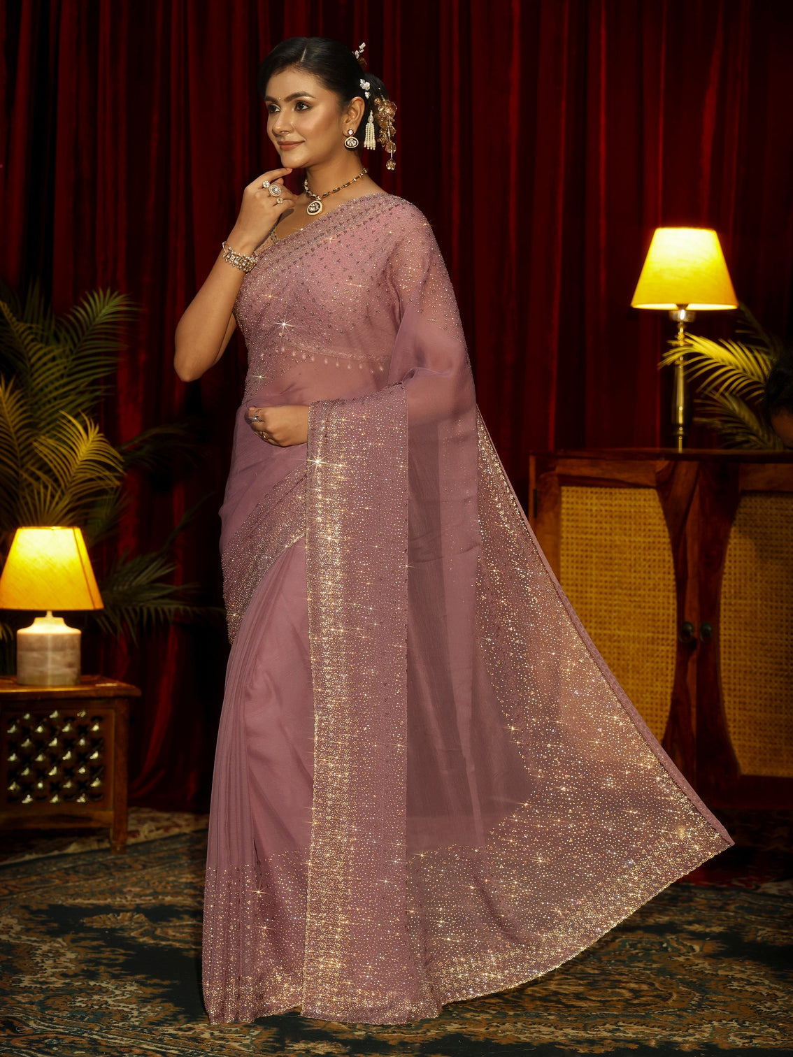 Mameraa Art Mauve Embellished Tissue Saree