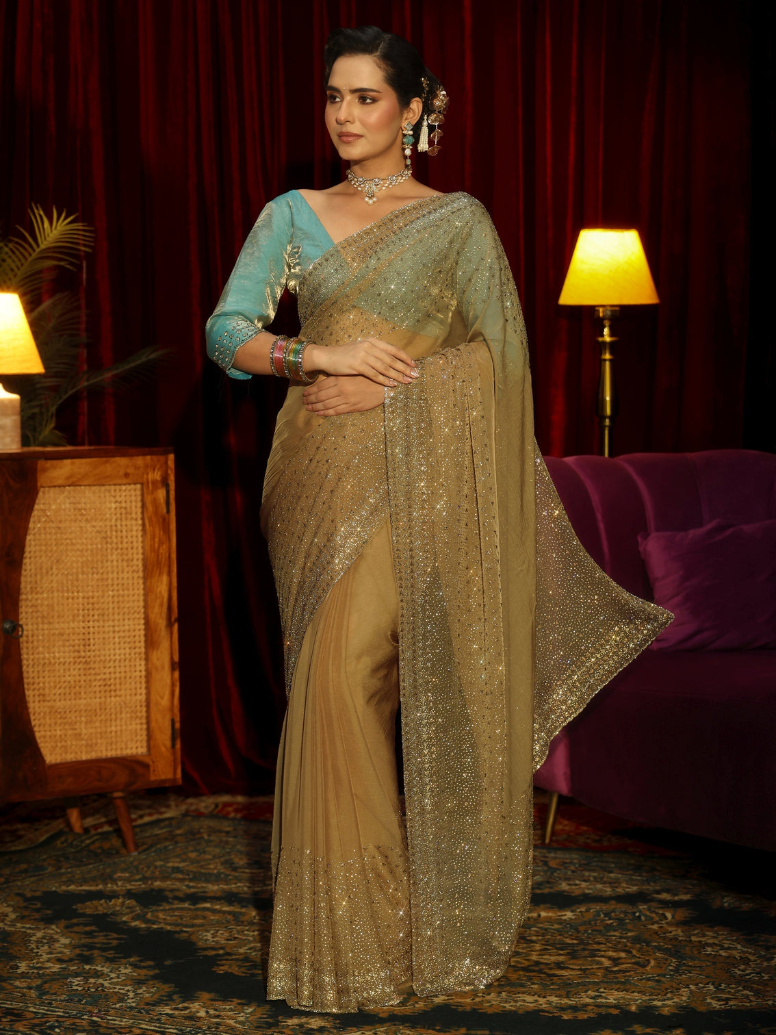 Mameraa Art Peach Embellished Tissue Saree