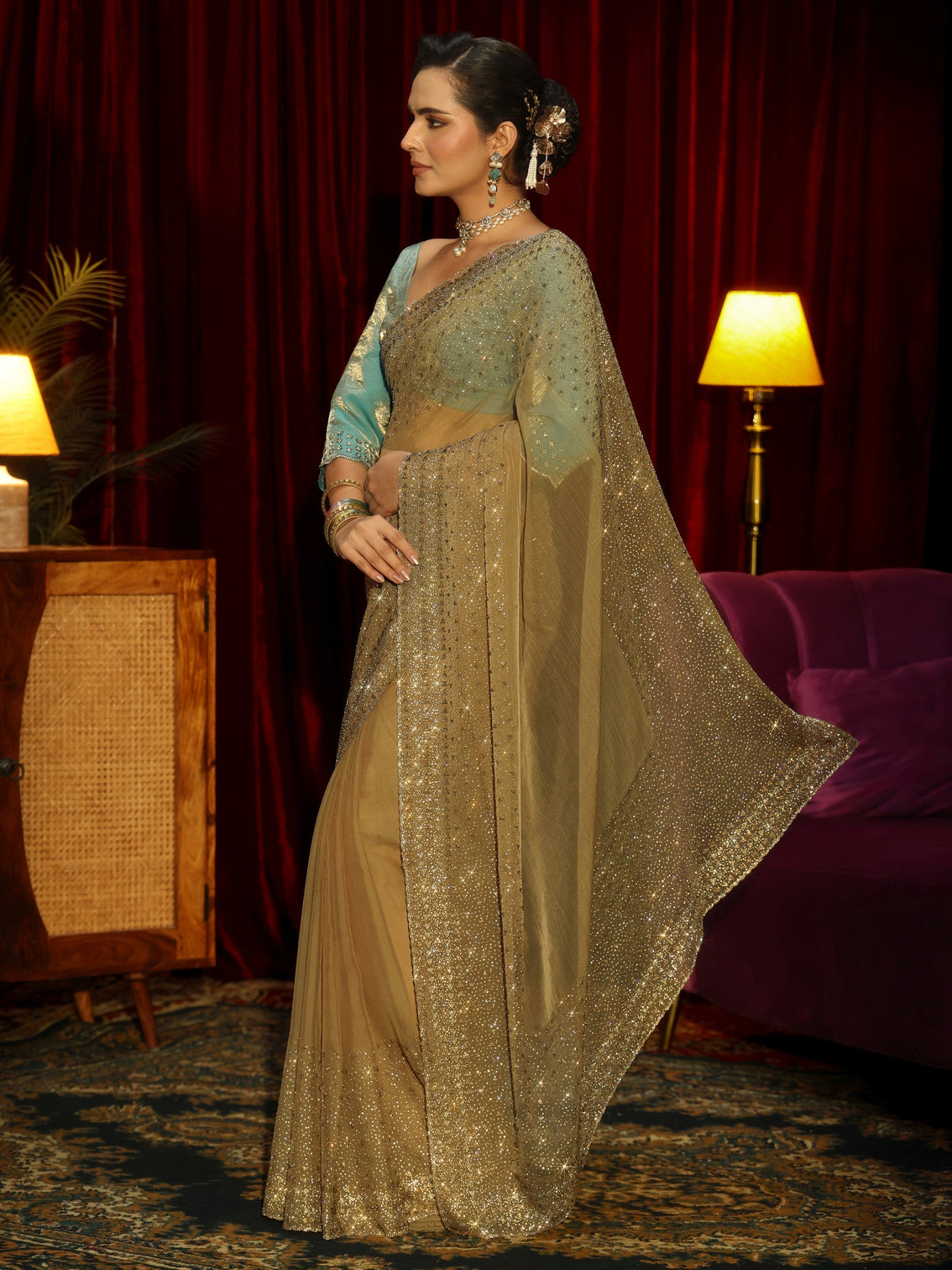Mameraa Art Peach Embellished Tissue Saree
