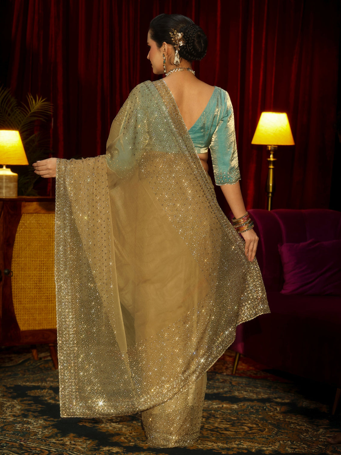 Mameraa Art Peach Embellished Tissue Saree