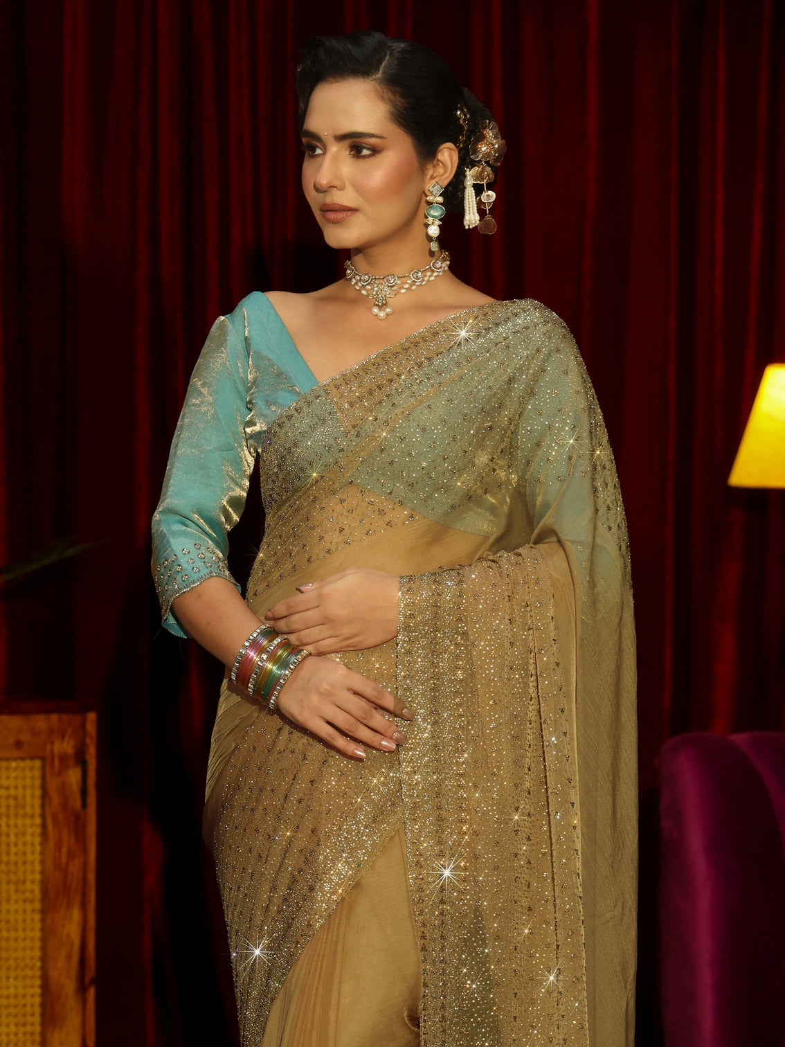 Mameraa Art Peach Embellished Tissue Saree