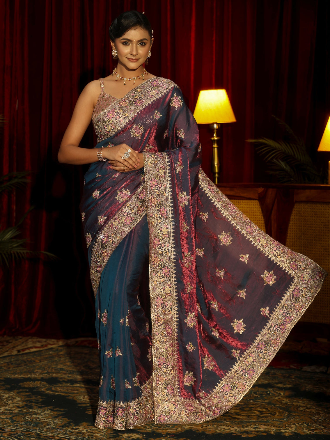 Mameraa Art Purple Floral Embellished Tissue Saree
