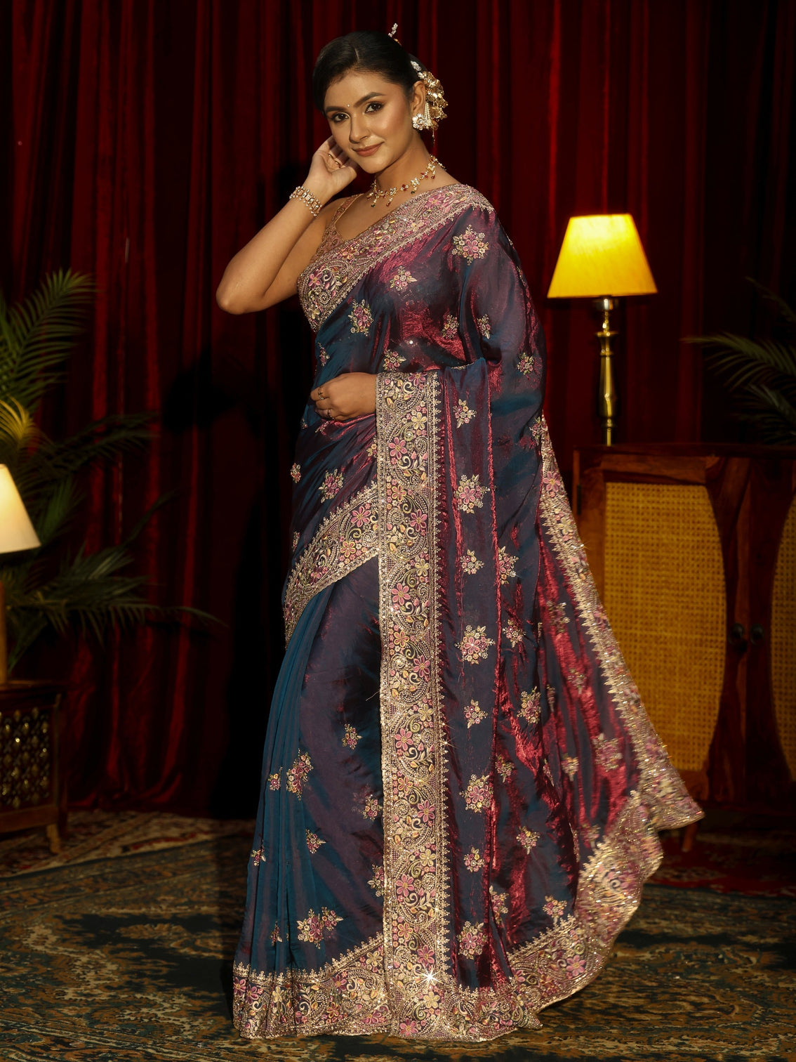 Mameraa Art Purple Floral Embellished Tissue Saree