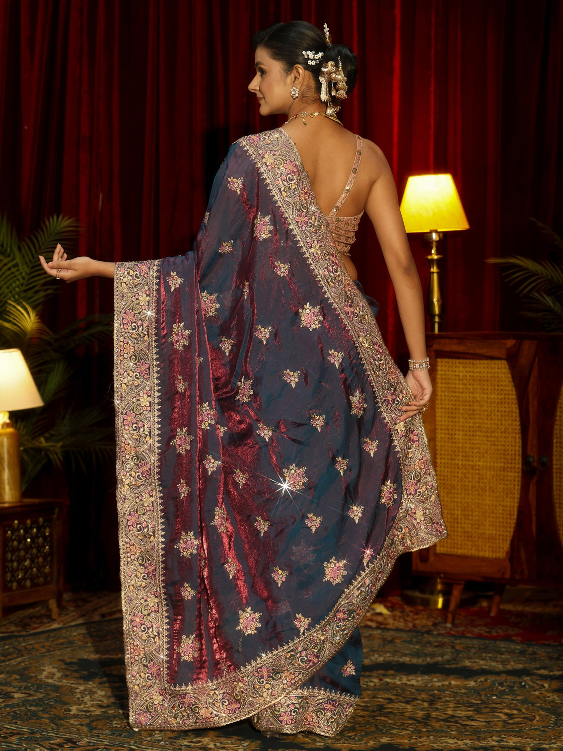 Mameraa Art Purple Floral Embellished Tissue Saree
