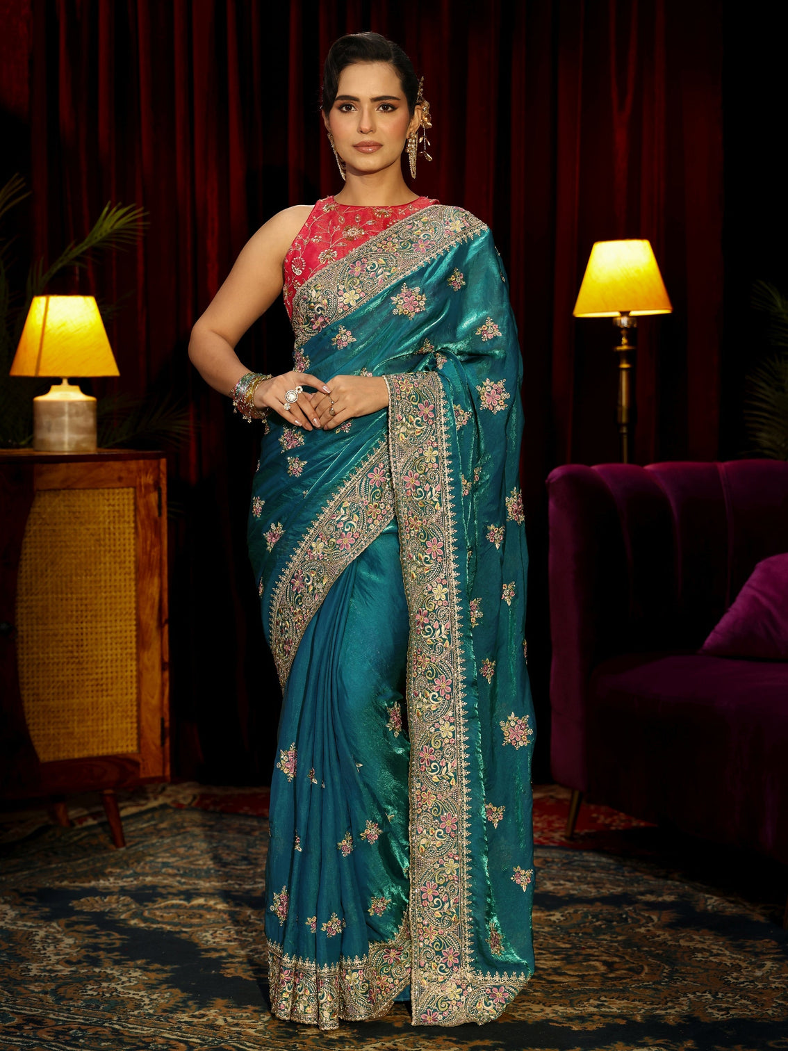 Mameraa Art Red Floral Embroidered Tissue Saree