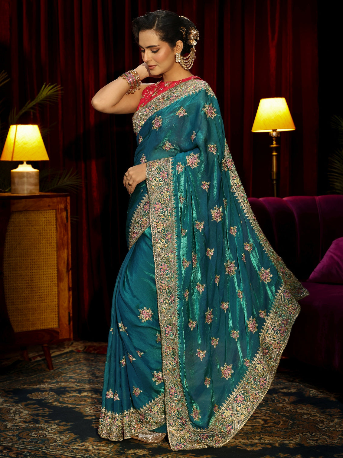 Mameraa Art Red Floral Embroidered Tissue Saree