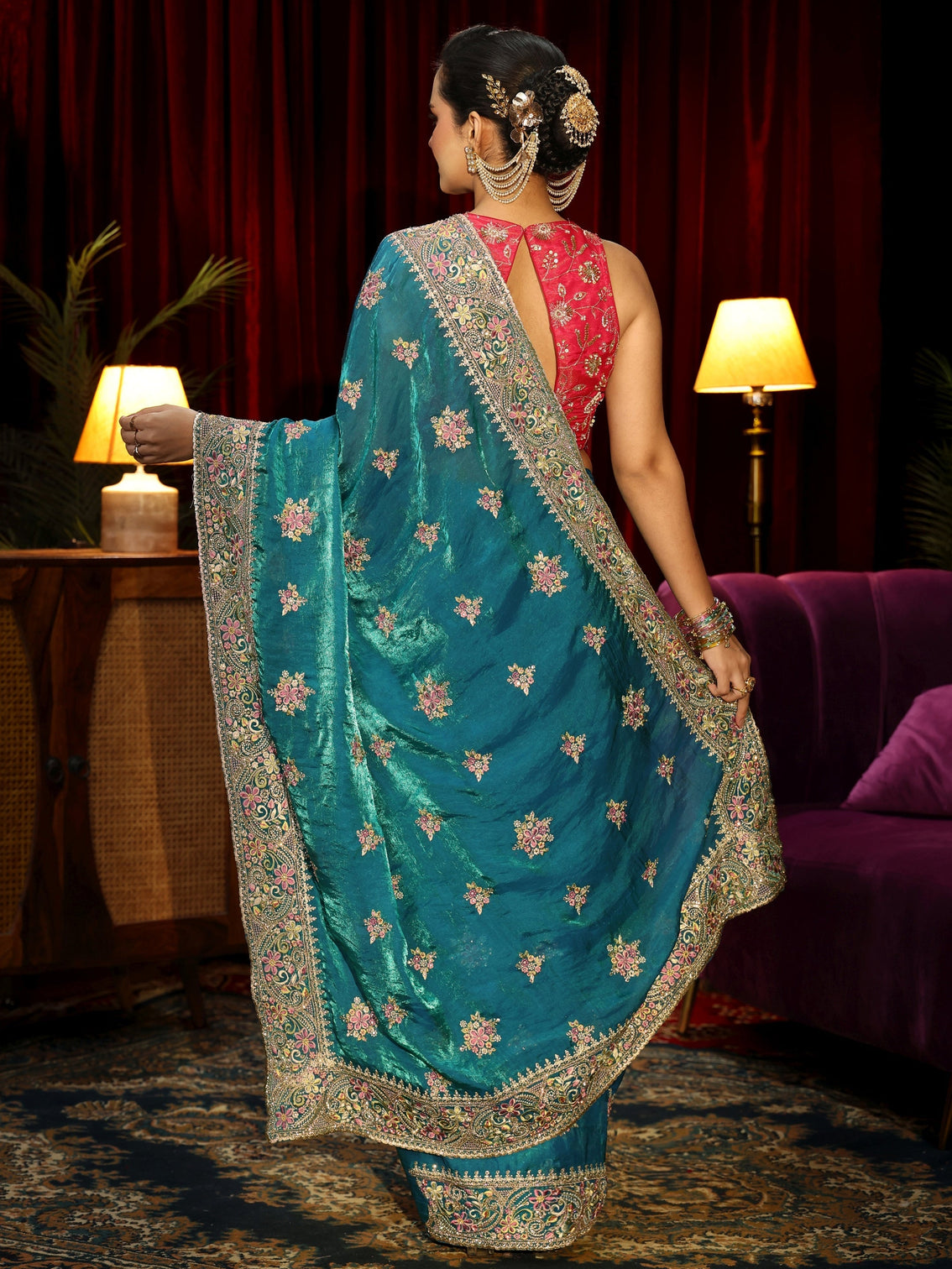 Mameraa Art Red Floral Embroidered Tissue Saree