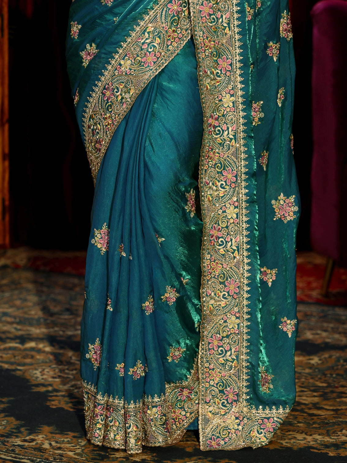 Mameraa Art Red Floral Embroidered Tissue Saree
