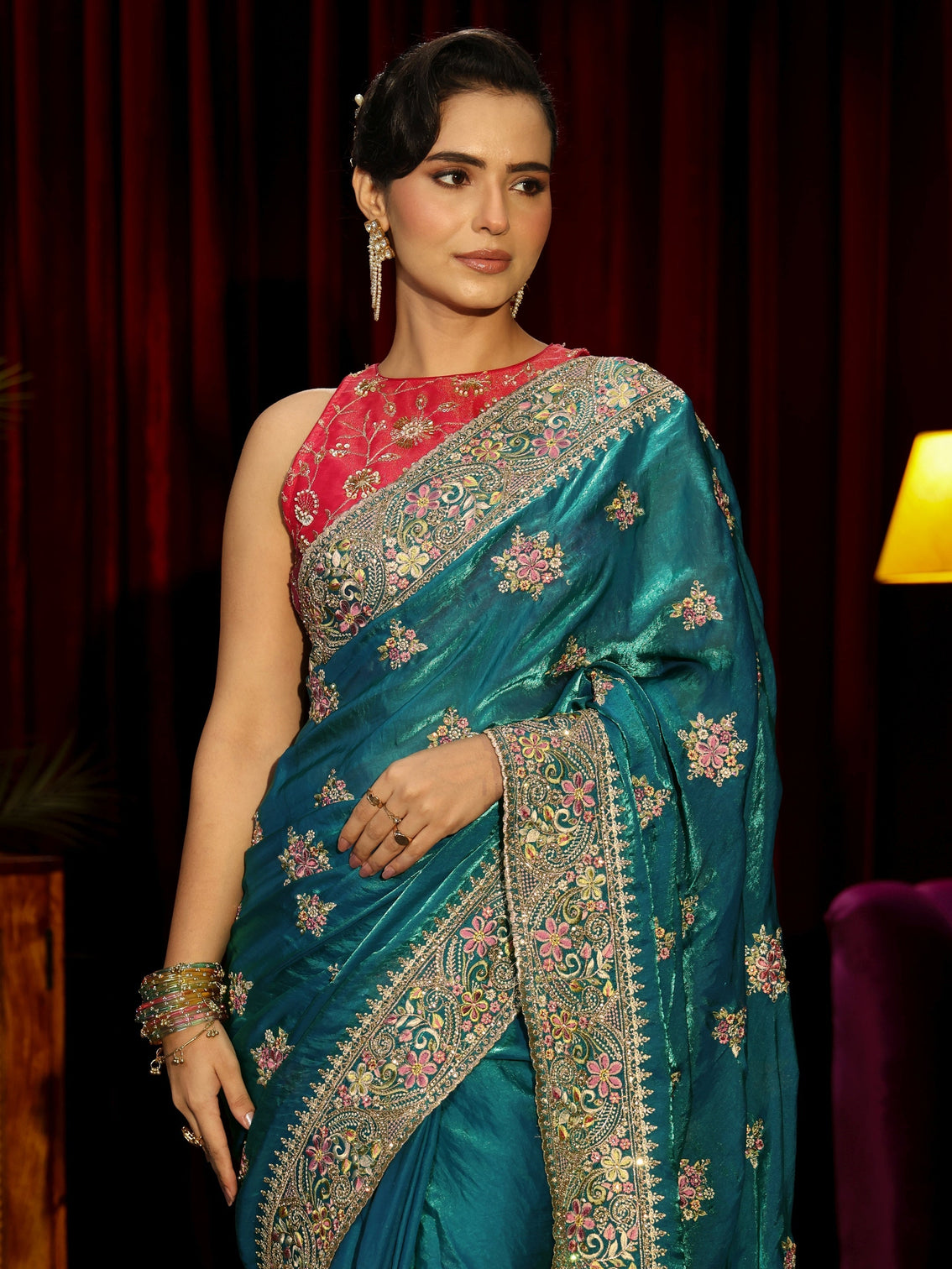 Mameraa Art Red Floral Embroidered Tissue Saree