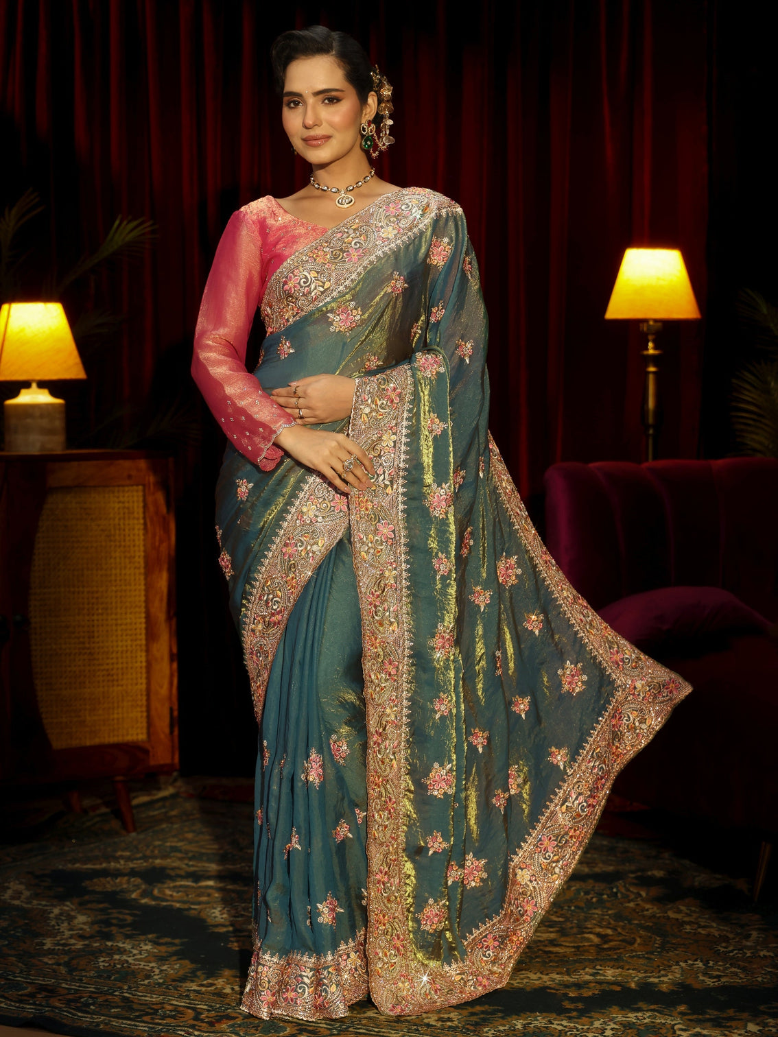 Mameraa Art Green Floral Embroidered Tissue Saree