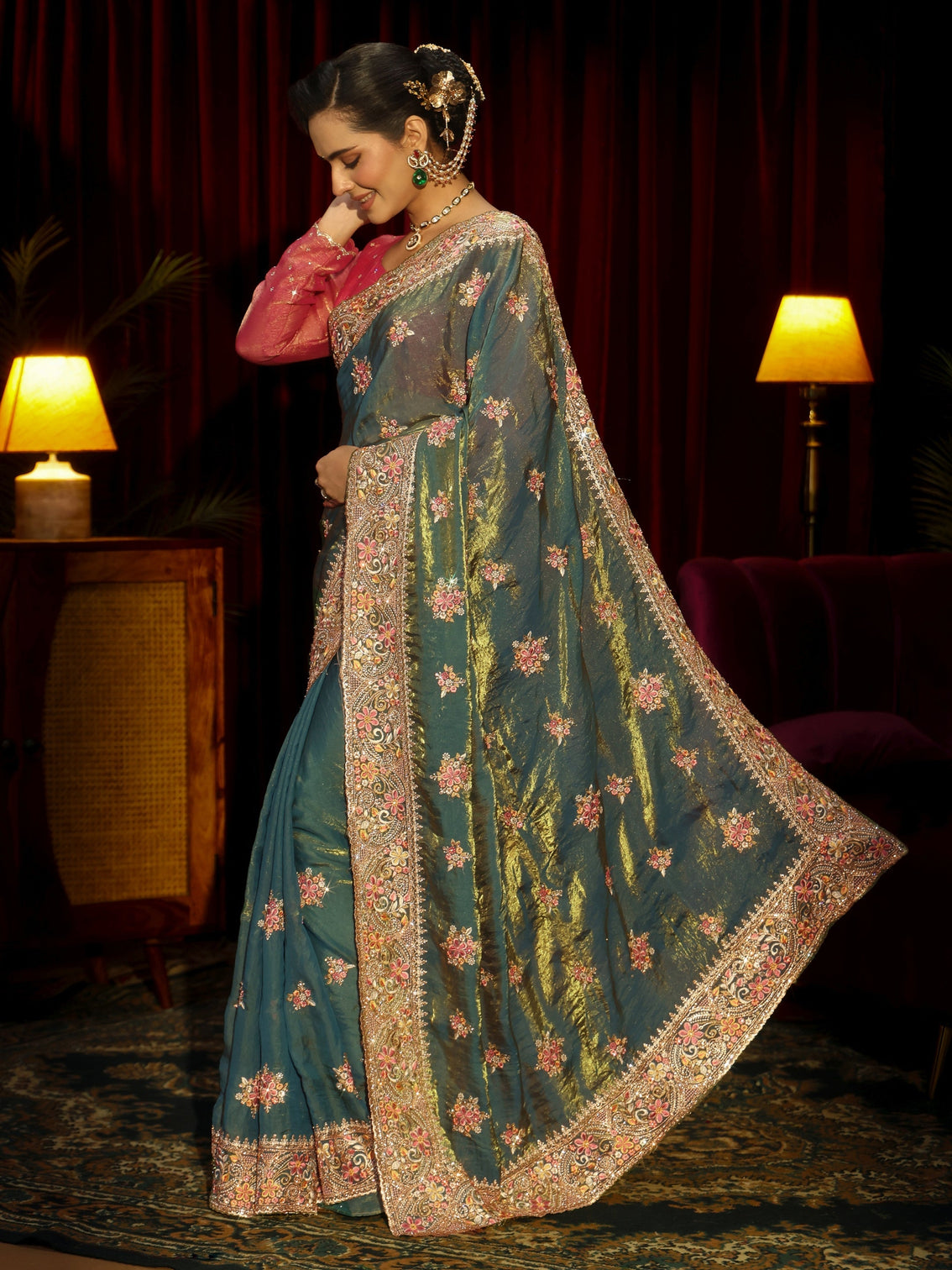 Mameraa Art Green Floral Embroidered Tissue Saree