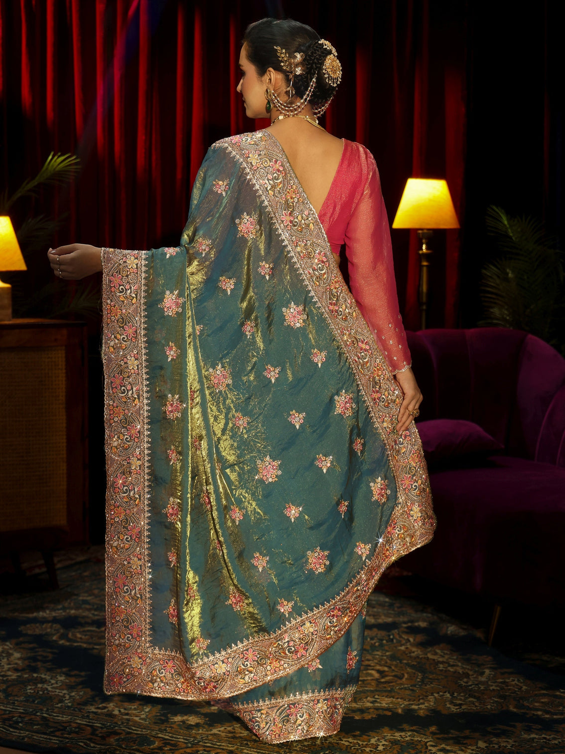 Mameraa Art Green Floral Embroidered Tissue Saree